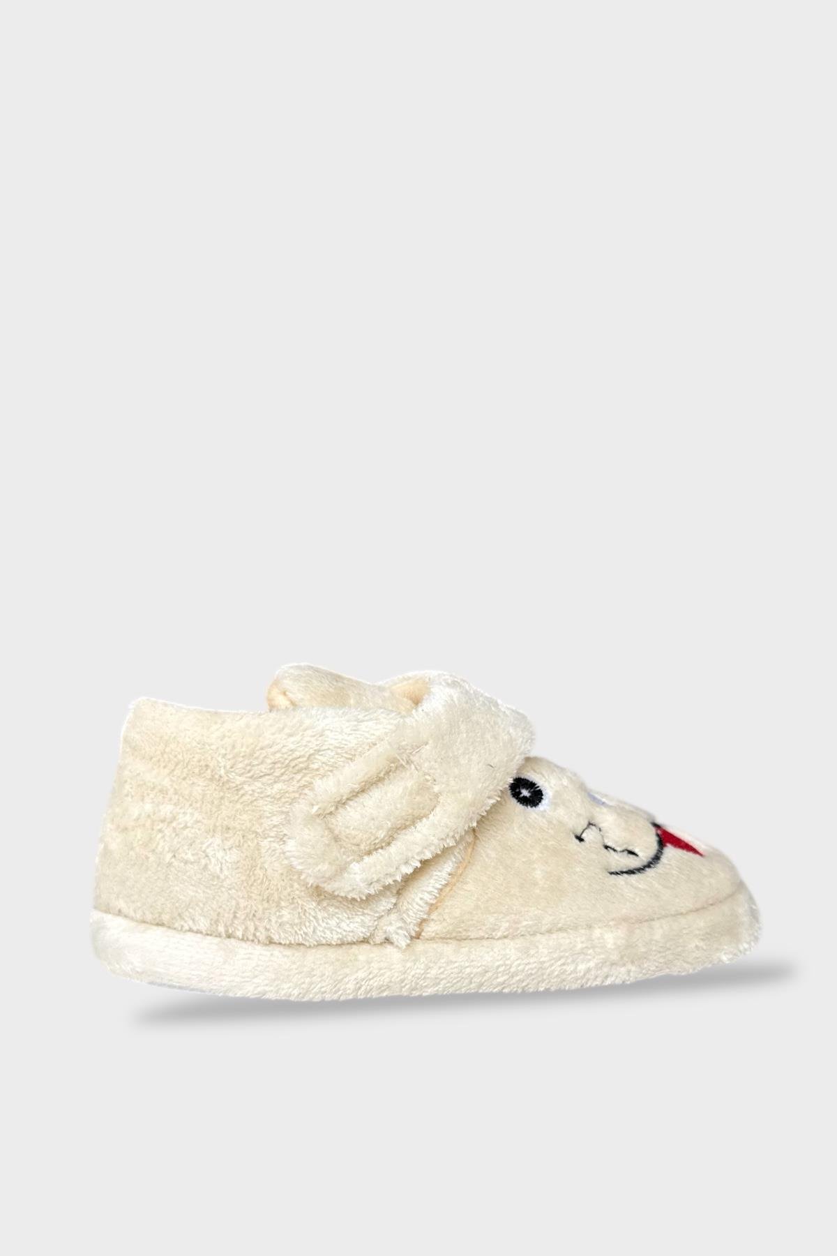 Çocuk Cırtlı Kaydırmaz Taban Anaokulu Kreş Ev Ayakkabısı Panduf KREM - Görsel 3