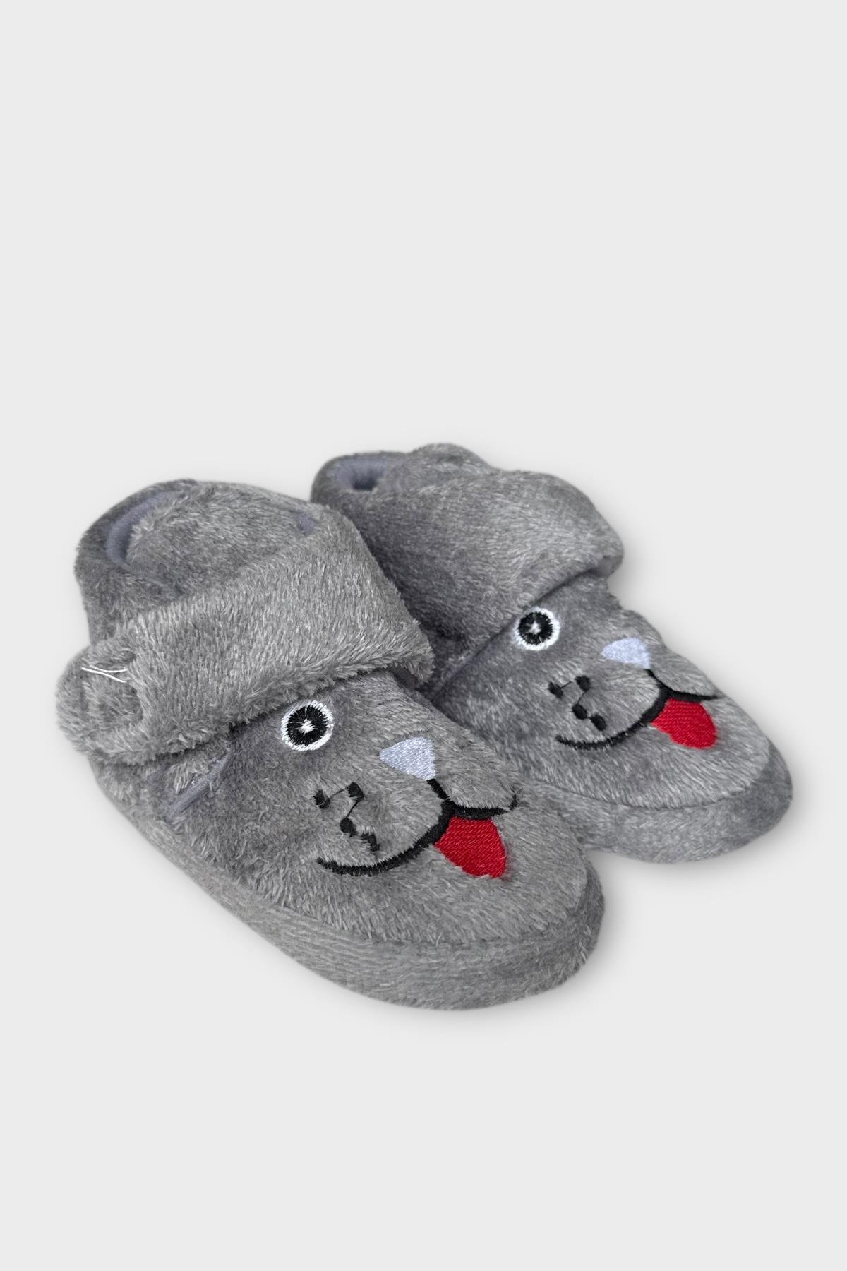 Çocuk Cırtlı Kaydırmaz Taban Anaokulu Kreş Ev Ayakkabısı Panduf GRİ - Görsel 2