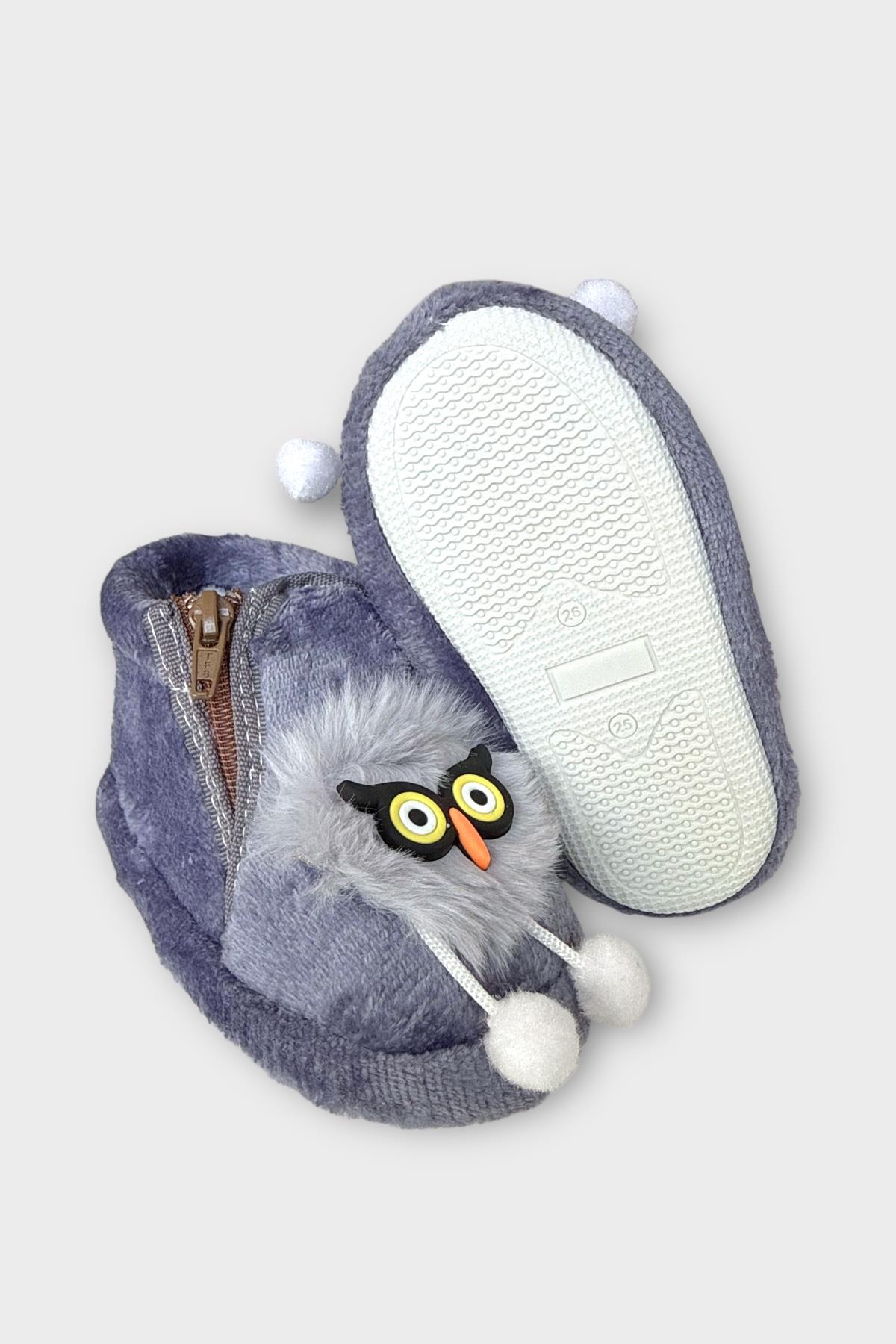 Çocuk Sevimli Baykuş Figürlü Panduf FÜME - Görsel 7