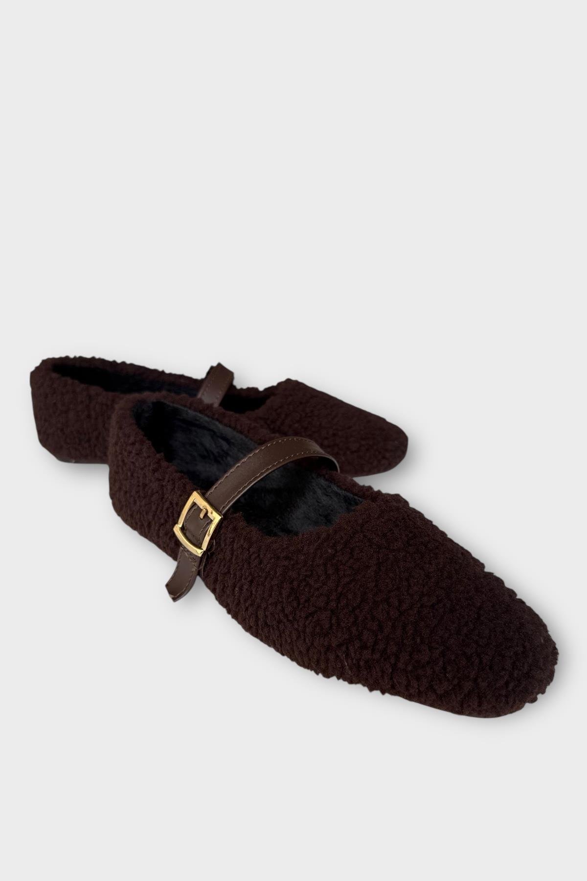 Yumuşak Peluş Ses Yapmaz Hafif Taban Kemerli Kadın Ev Babeti Panduf KAHVERENGİ - Görsel 6