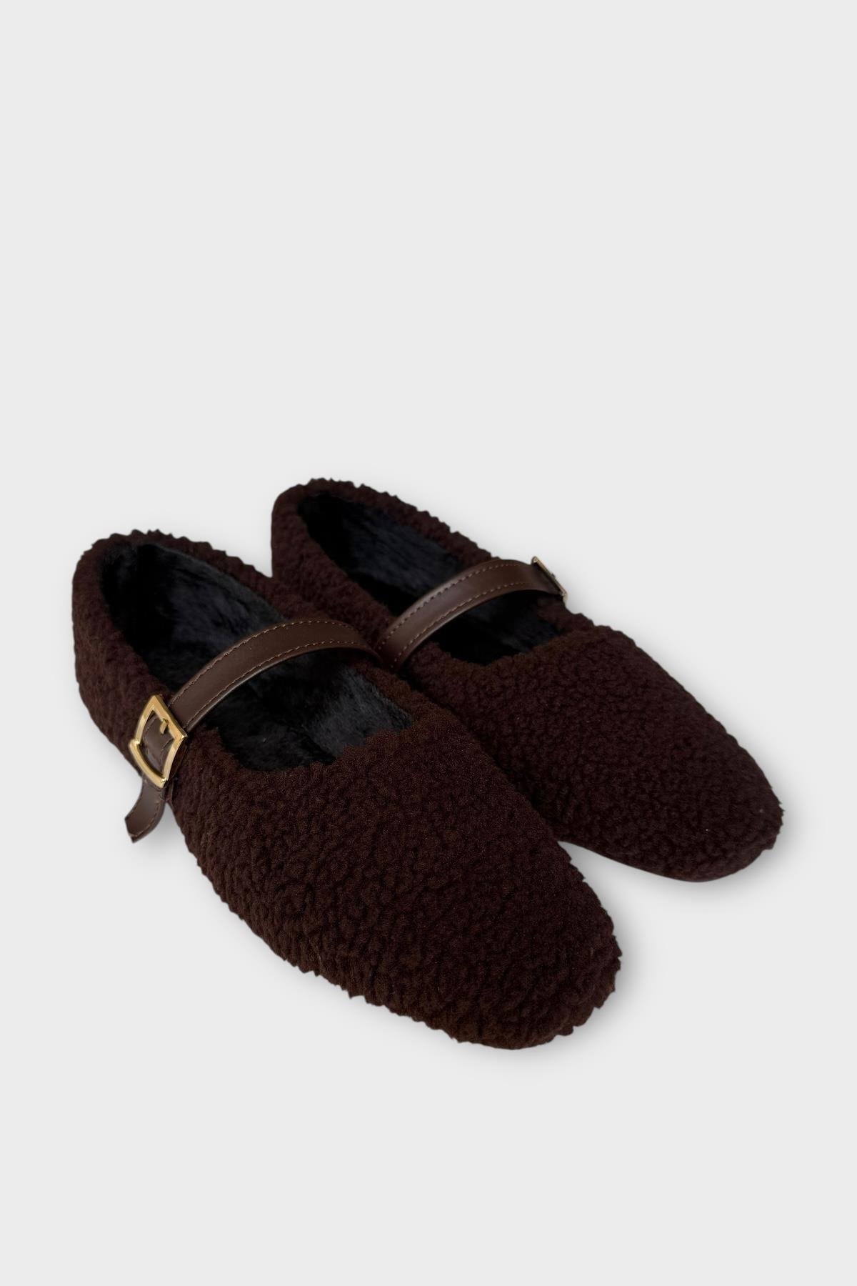 Yumuşak Peluş Ses Yapmaz Hafif Taban Kemerli Kadın Ev Babeti Panduf KAHVERENGİ - Görsel 7