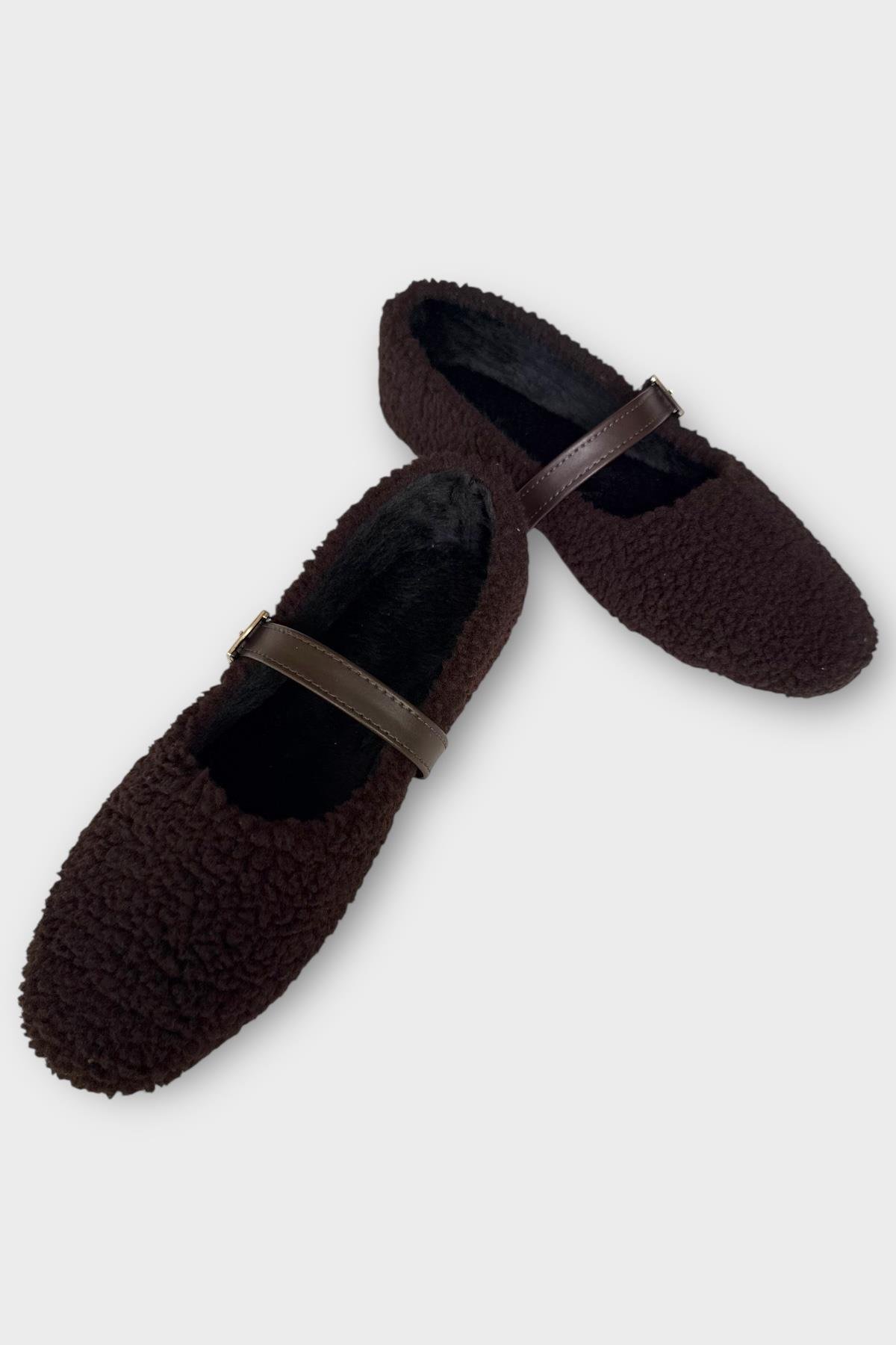 Yumuşak Peluş Ses Yapmaz Hafif Taban Kemerli Kadın Ev Babeti Panduf KAHVERENGİ - Görsel 8