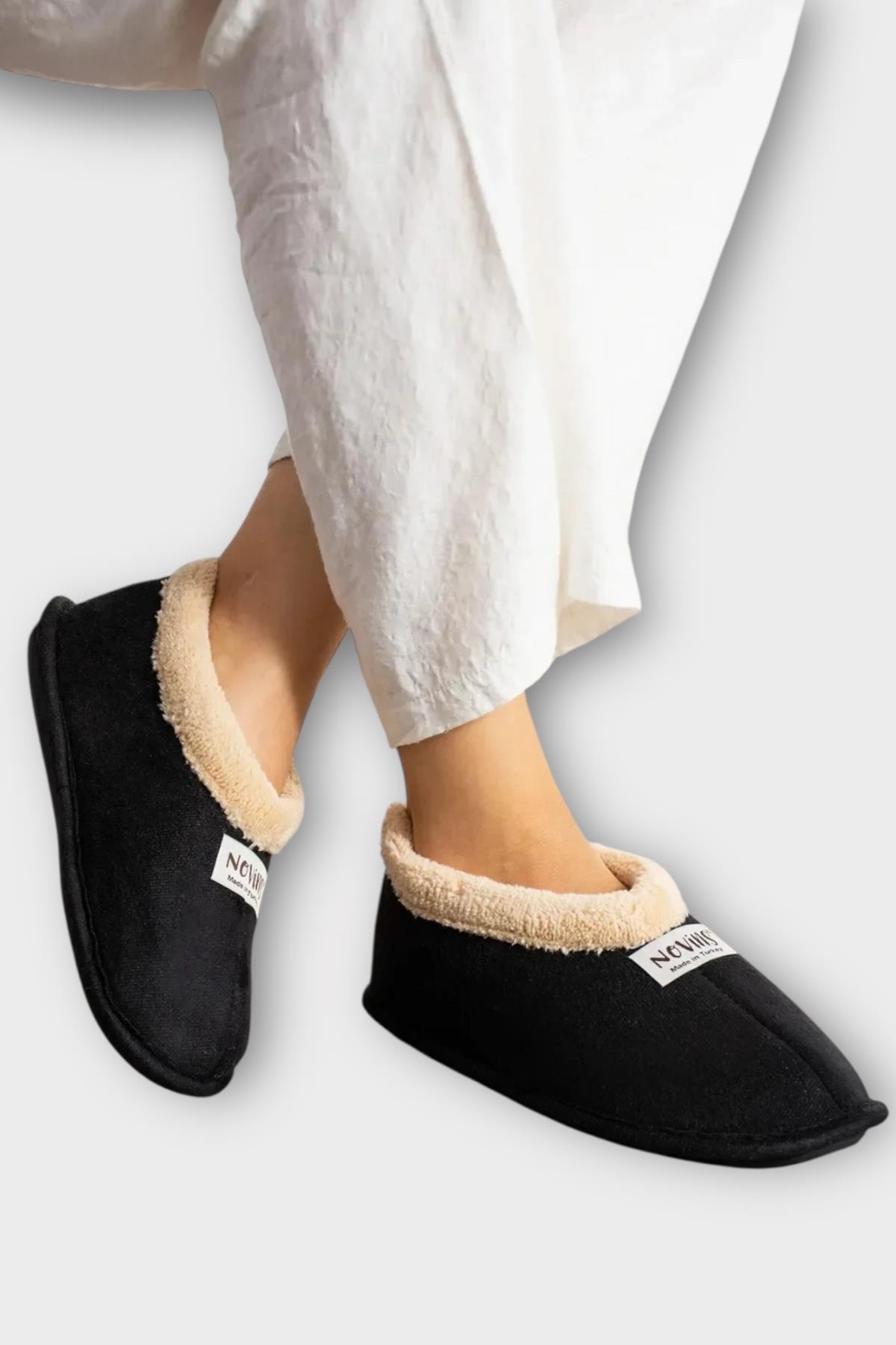 Unisex İçi Yünlü Kışlık Ev Ayakkabısı Panduf SİYAH - Görsel 5