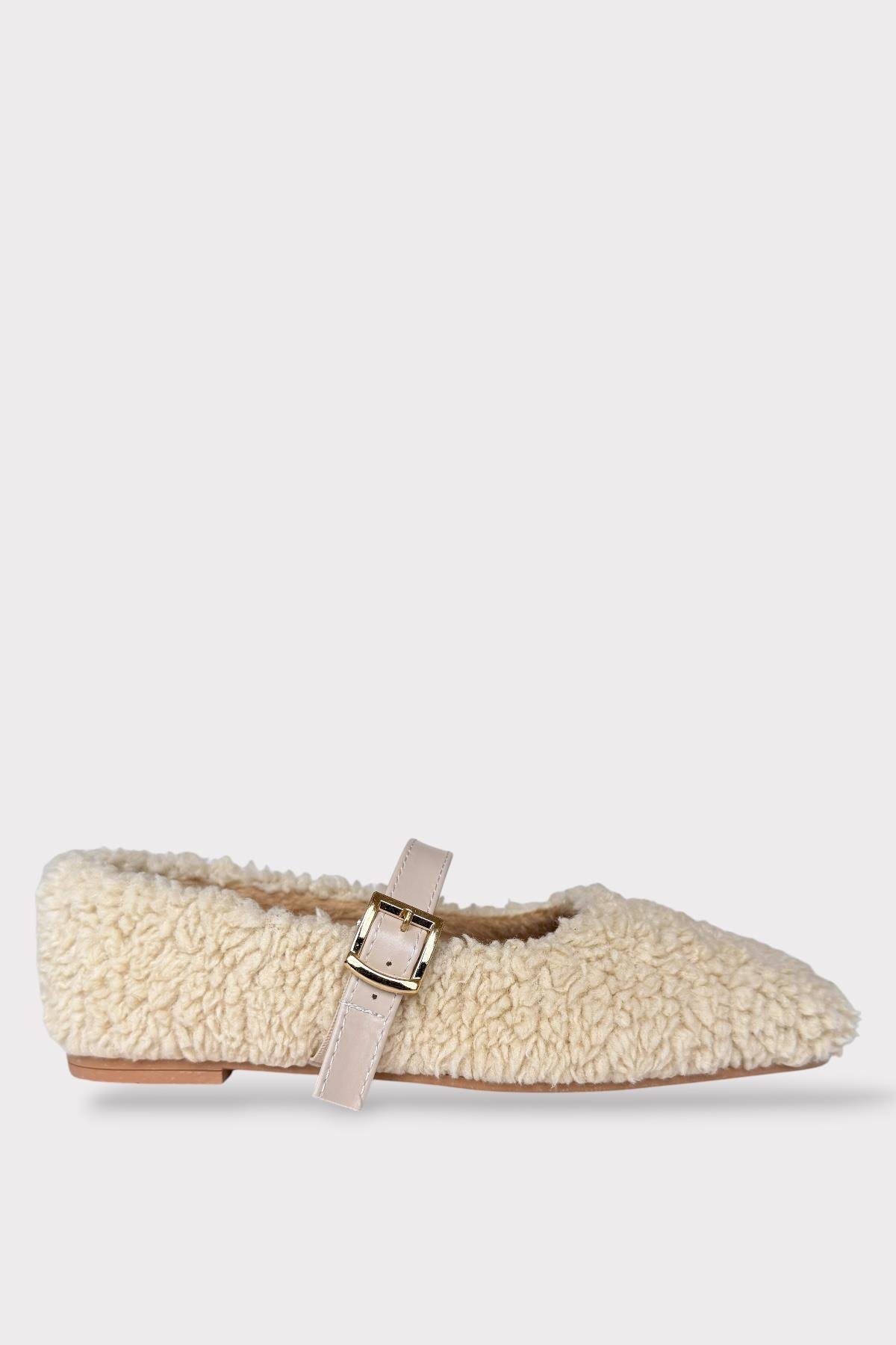 Yumuşak Peluş Ses Yapmaz Hafif Taban Kemerli Kadın Ev Babeti Panduf KREM - Görsel 5