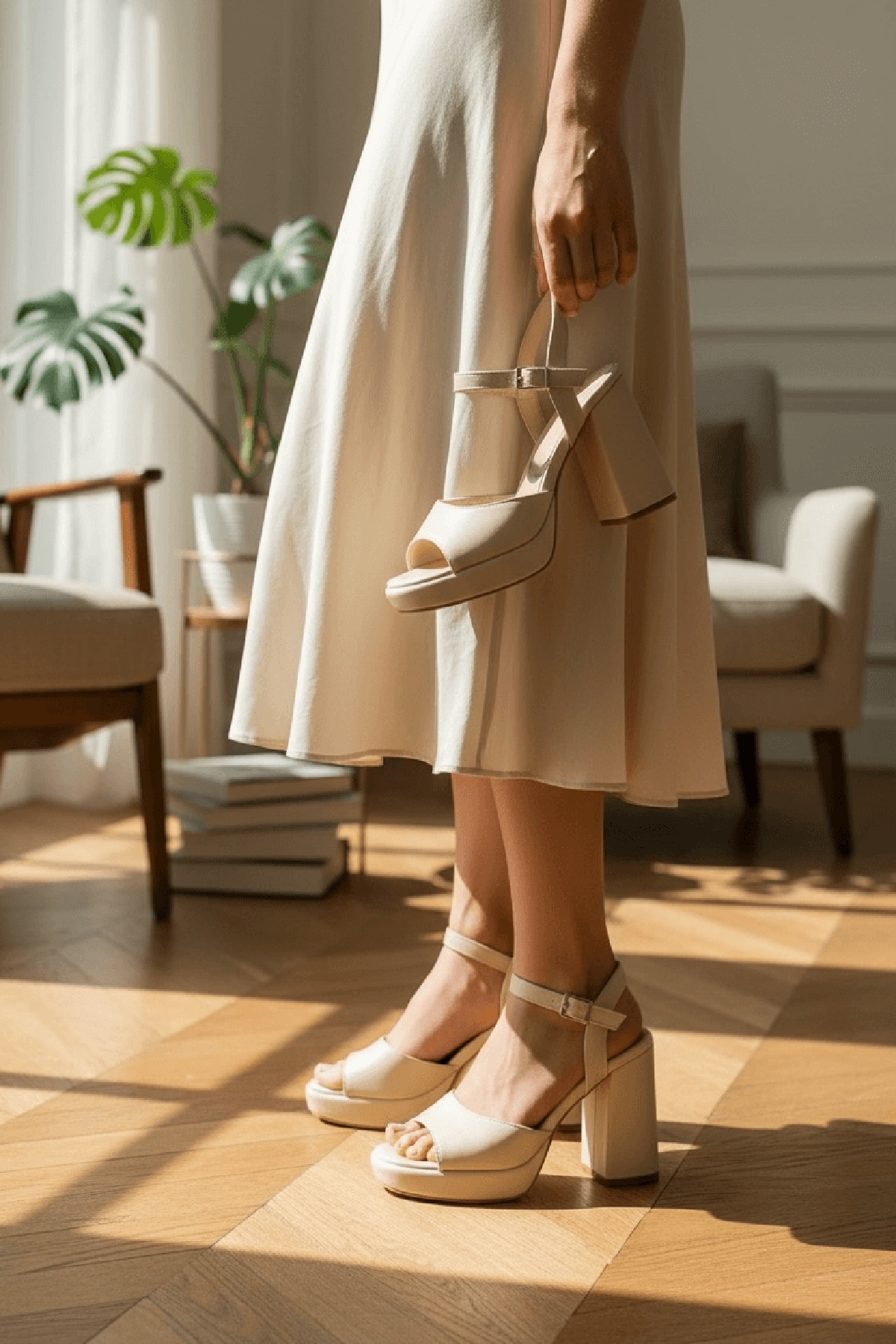 Bello Bej Cilt ( 9 Cm Topuk ) Platform Topuklu Günlük Ayakkabı - Görsel 7