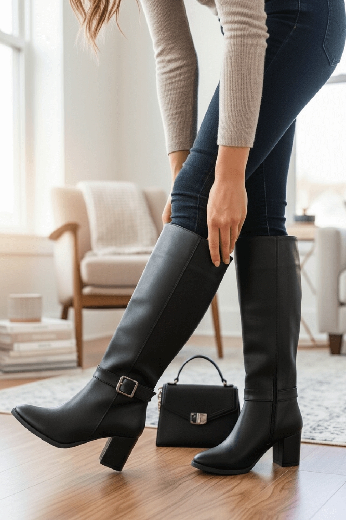 Sidney Siyah Deri Topuklu (7cm) Yanı Fermuarlı Günlük Kullanım Çizme - Görsel 3