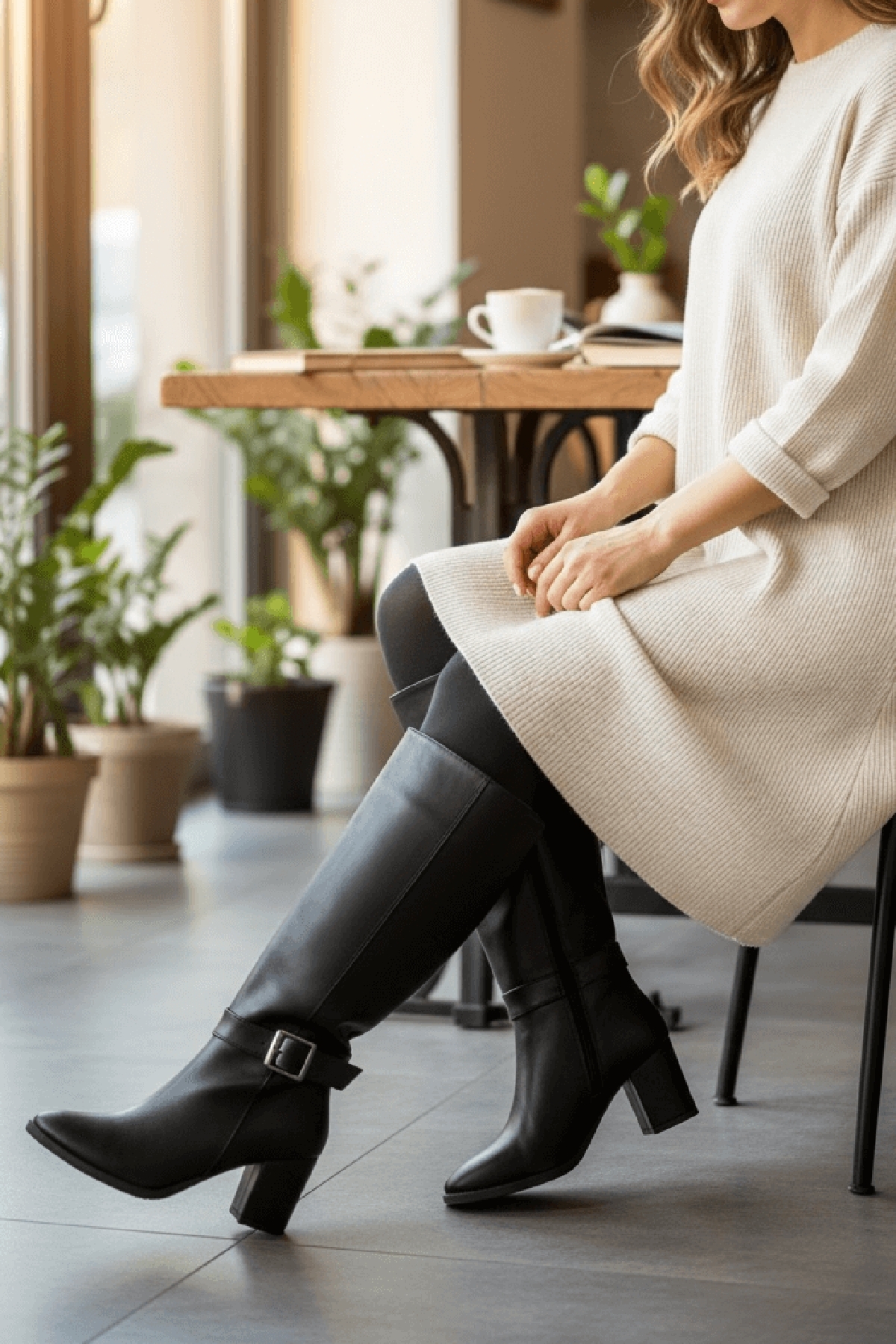 Sidney Siyah Deri Topuklu (7cm) Yanı Fermuarlı Günlük Kullanım Çizme - Görsel 6