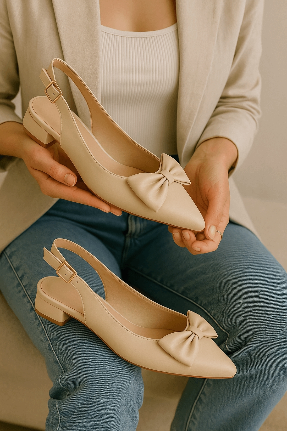 İlef Fiyonklu Bej ( 3 cm Topuklu ) Sivri Burun Topuklu Ayakkabı - Görsel 3