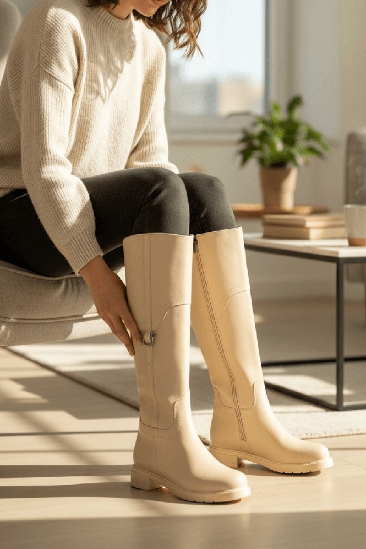 Hulbery Bej Deri ( 3,5 Cm Topuk Boyu) Yanı Tokalı Günlük Kadın Çizme - Görsel 4