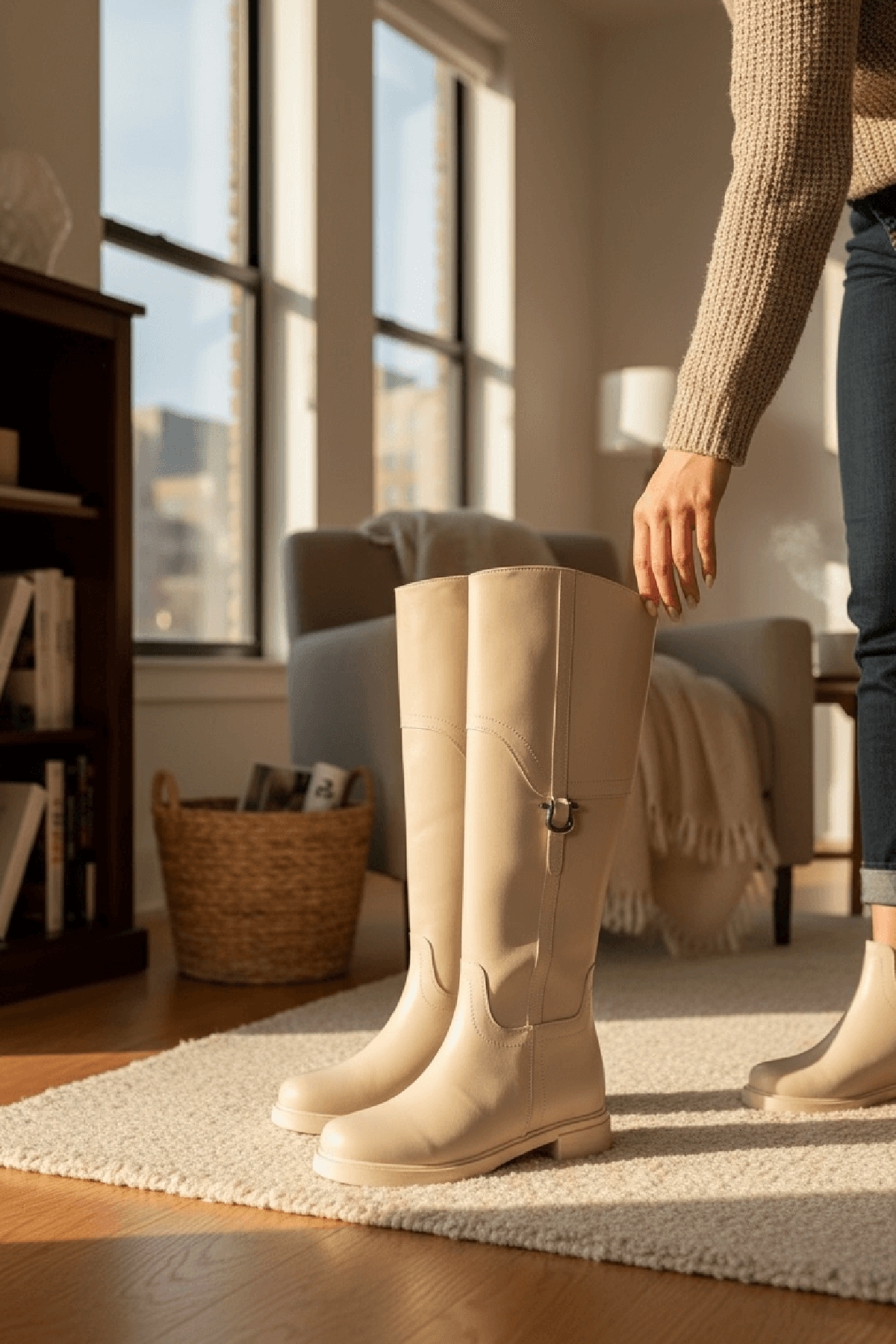 Hulbery Bej Deri ( 3,5 Cm Topuk Boyu) Yanı Tokalı Günlük Kadın Çizme - Görsel 5