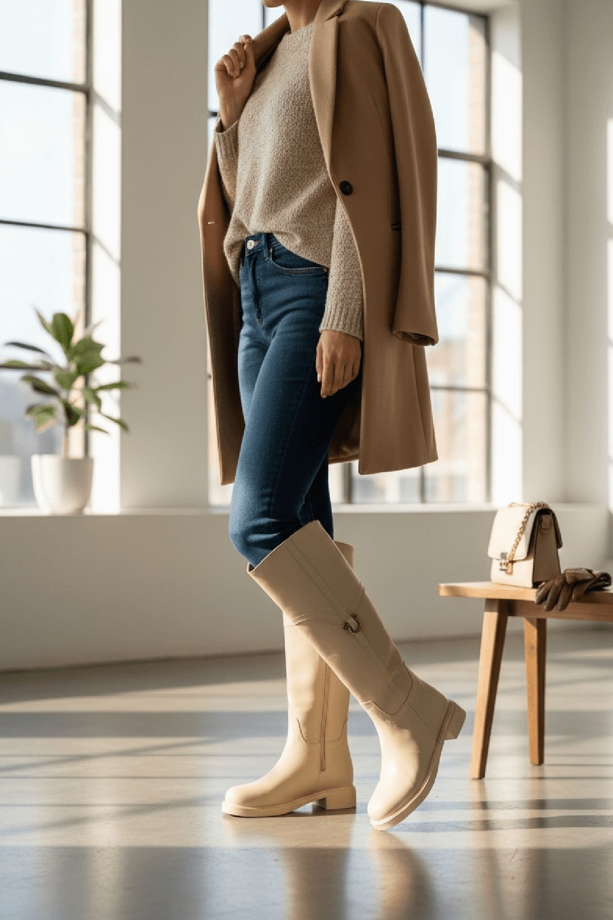 Hulbery Bej Deri ( 3,5 Cm Topuk Boyu) Yanı Tokalı Günlük Kadın Çizme - Görsel 6