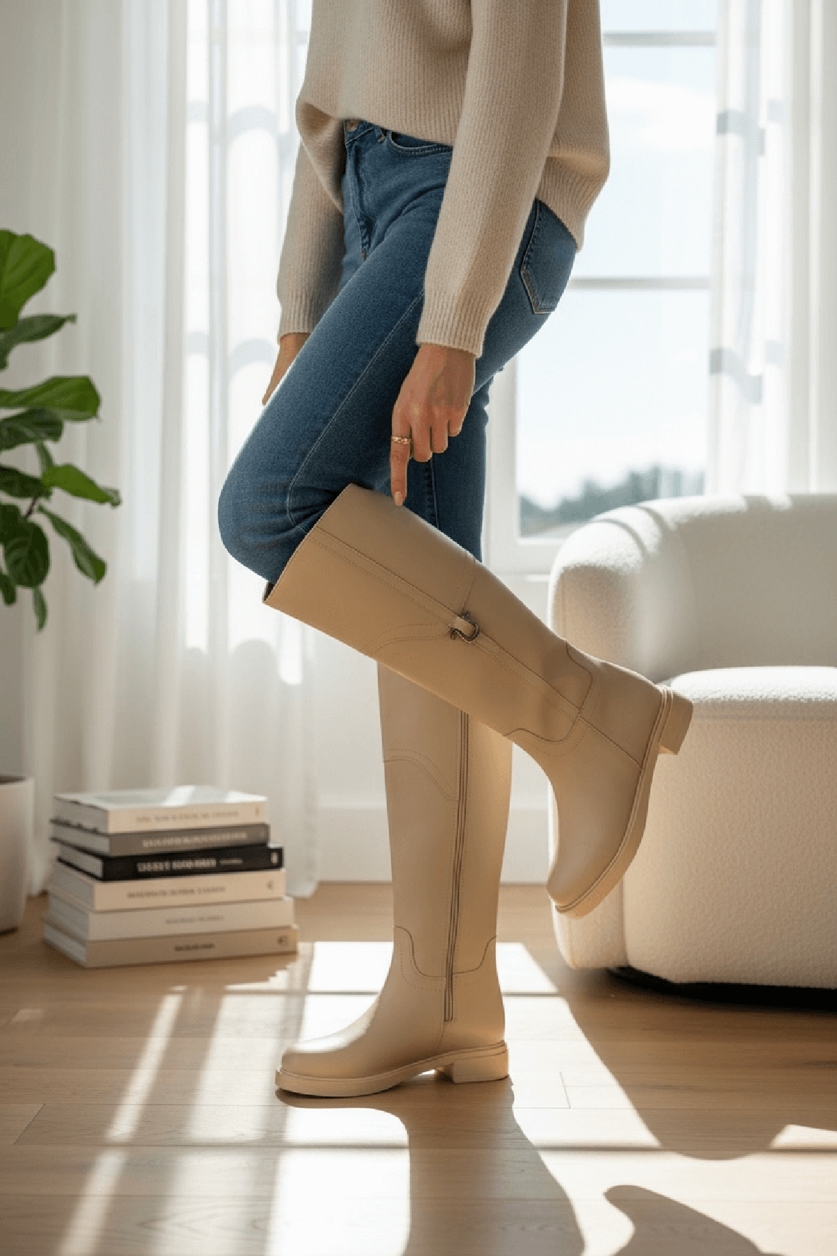 Hulbery Bej Deri ( 3,5 Cm Topuk Boyu) Yanı Tokalı Günlük Kadın Çizme - Görsel 7