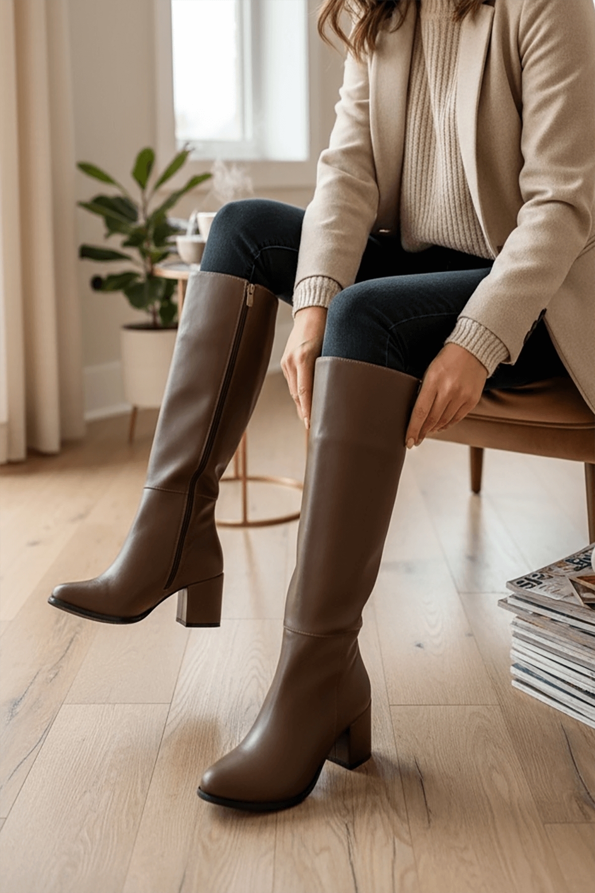 Divolya Karmen Kahverengi Deri (6cm) Topuklu Yanı Fermuarlı Günlük Kullanım Çizme - Görsel 3