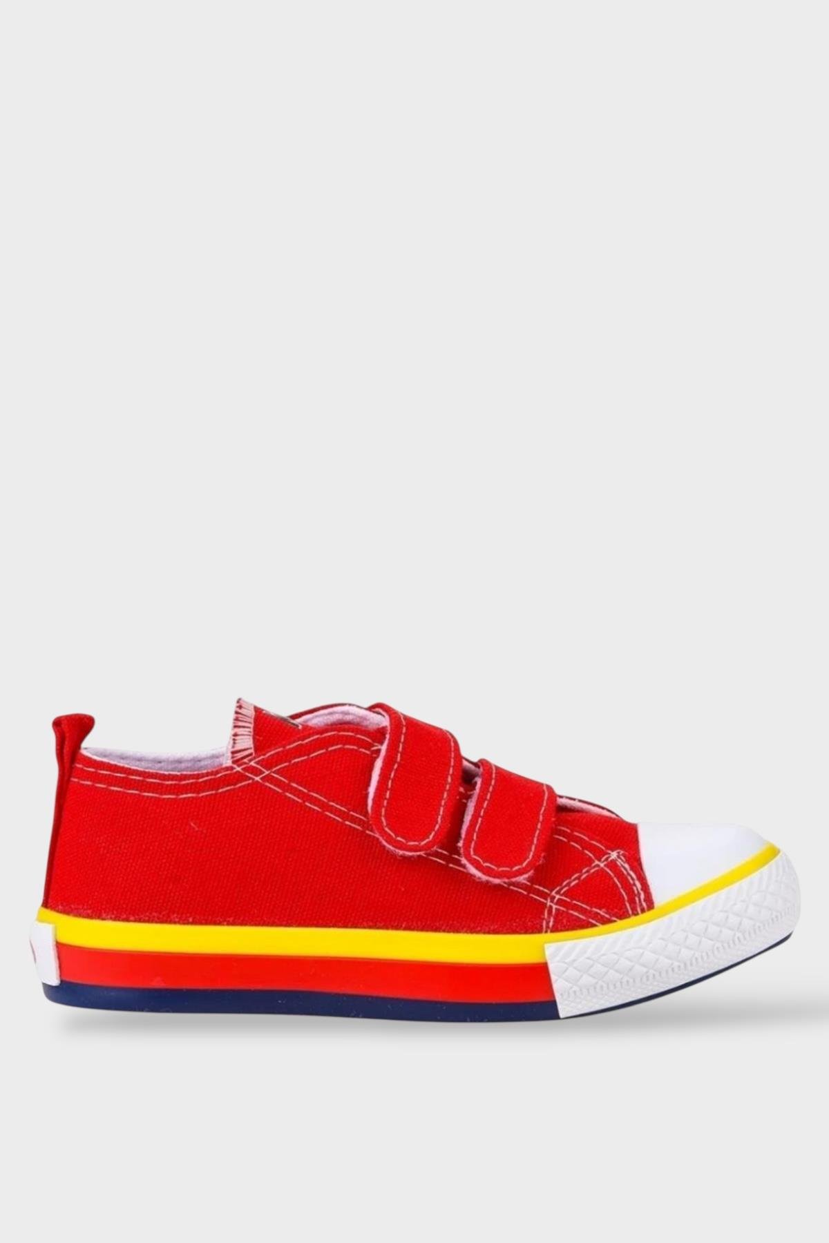 Unisex Çocuk Keten Kısa Convers Modeli Cırtlı Sneaker Spor Ayakkabı (26-30) KIRMIZI - Görsel 2