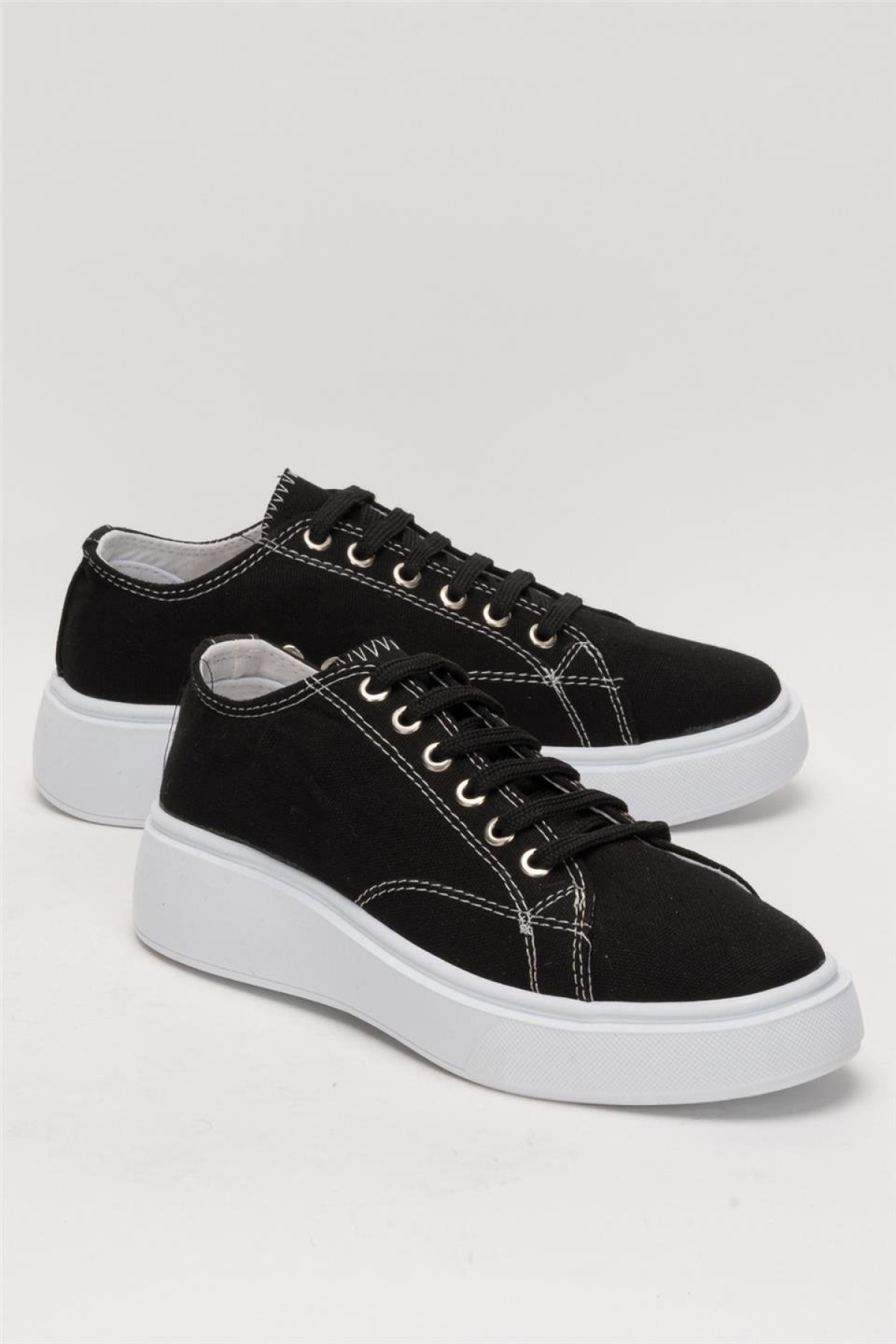 Kadın Rahat Kalıp Kalın Taban Keten Sneakers SİYAH - Görsel 3