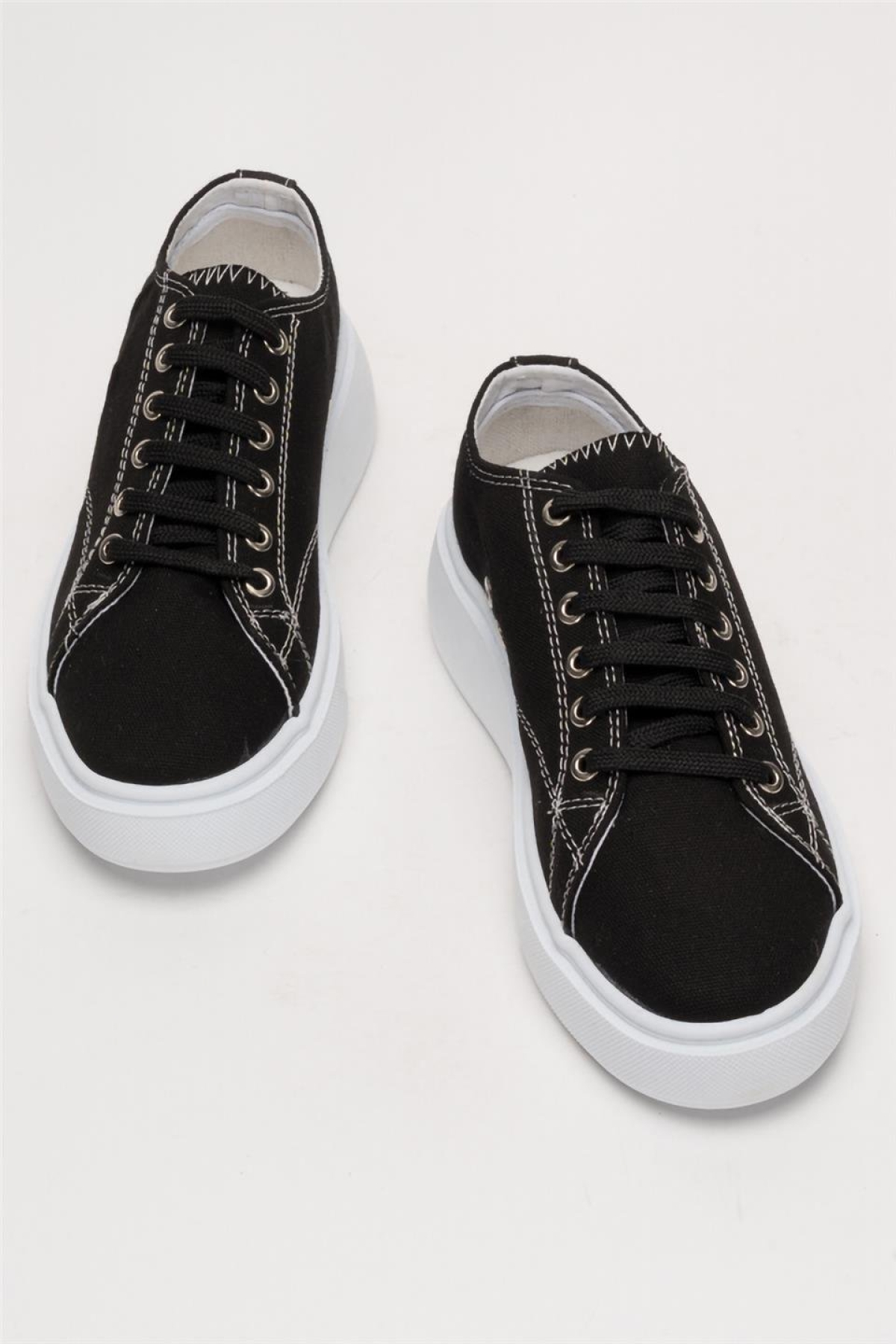 Kadın Rahat Kalıp Kalın Taban Keten Sneakers SİYAH - Görsel 7