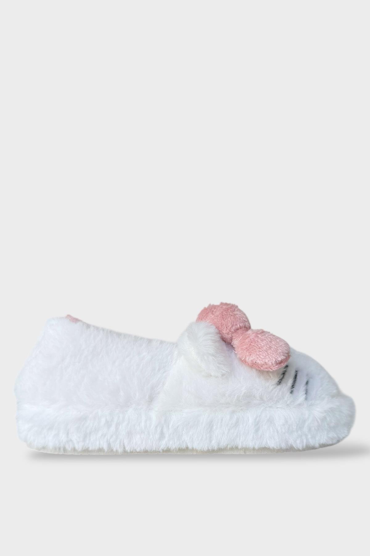 Kışlık Kadın HelloKitty Figürlü Kaydırmaz Taban Ev Ayakkabısı Panduf BEYAZ - SİYAH - Görsel 2