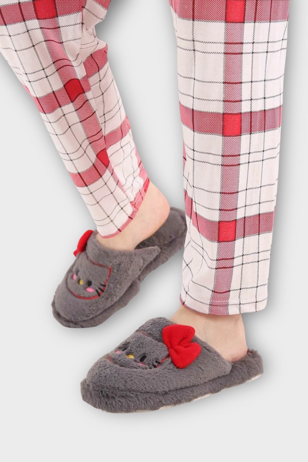 HelloKitty Figürlü Sıcak Tutan Kışlık Kadın Ev Terliği FÜME - PEMBE - Görsel 3