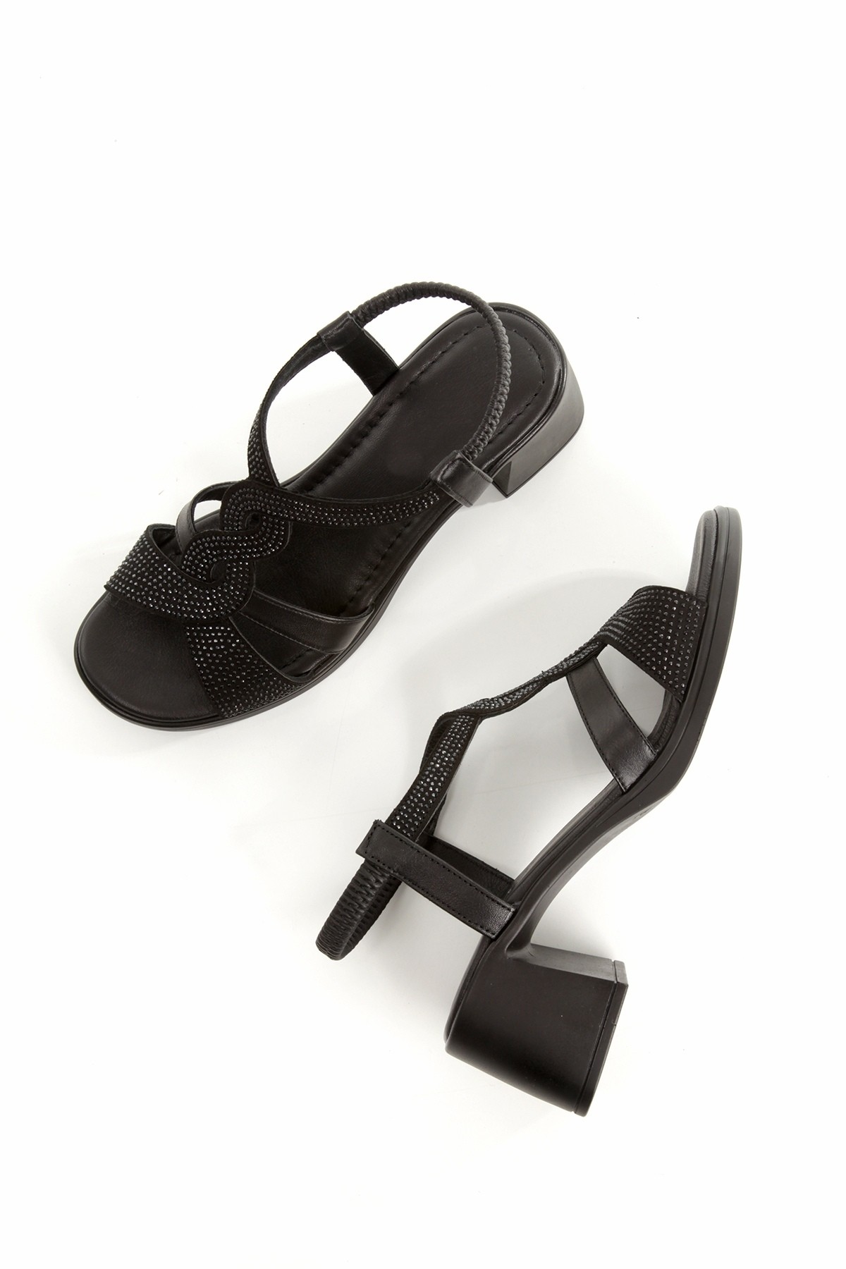 Alesso Siyah Hakiki Deri Taşlı Sandalet Kalın Topuklu Kadın Ayakkabı - Görsel 4