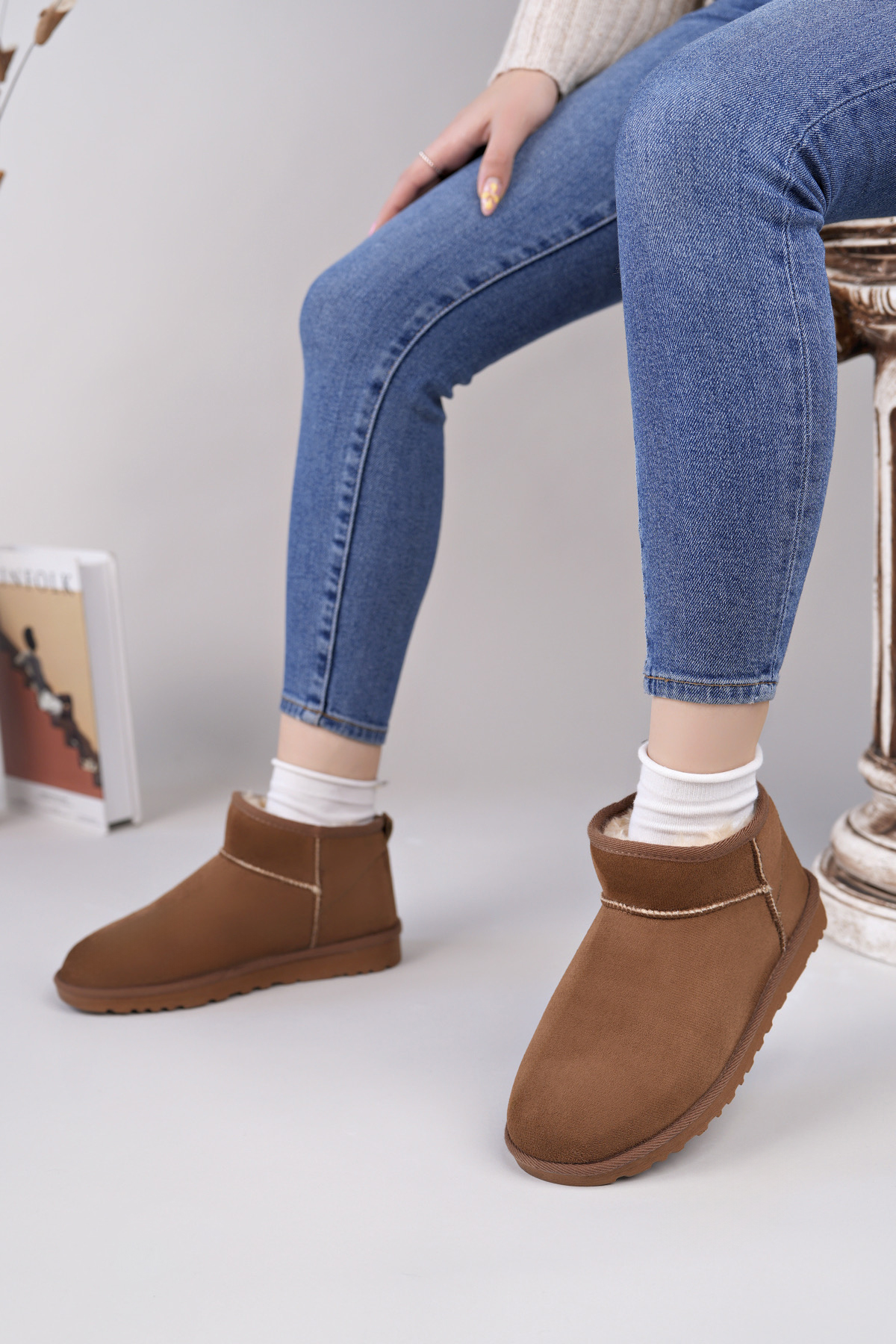 Kadın Garantili İçi Kürklü Hafif Taban Mini Bot Uggm301 Taba - Görsel 4