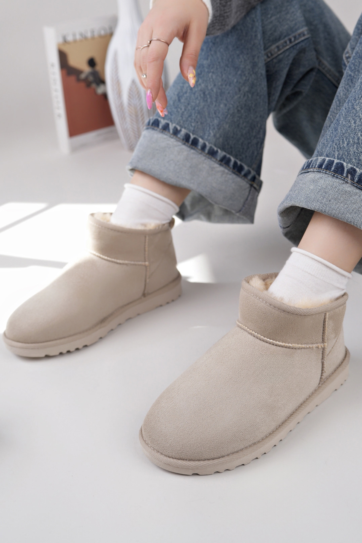 Kadın Garantili İçi Kürklü Hafif Taban Mini Bot Uggm301 Bej - Görsel 3