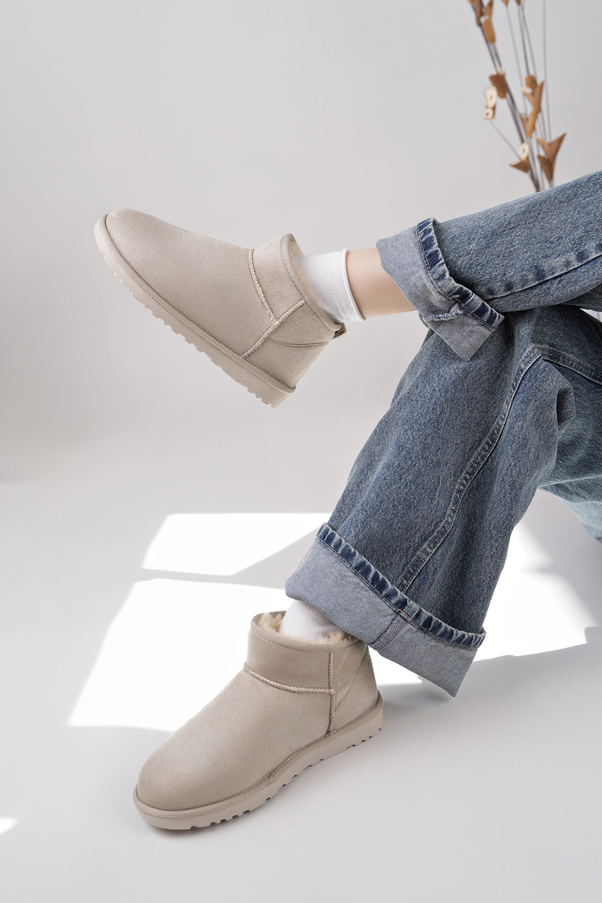 Kadın Garantili İçi Kürklü Hafif Taban Mini Bot Uggm301 Bej - Görsel 5