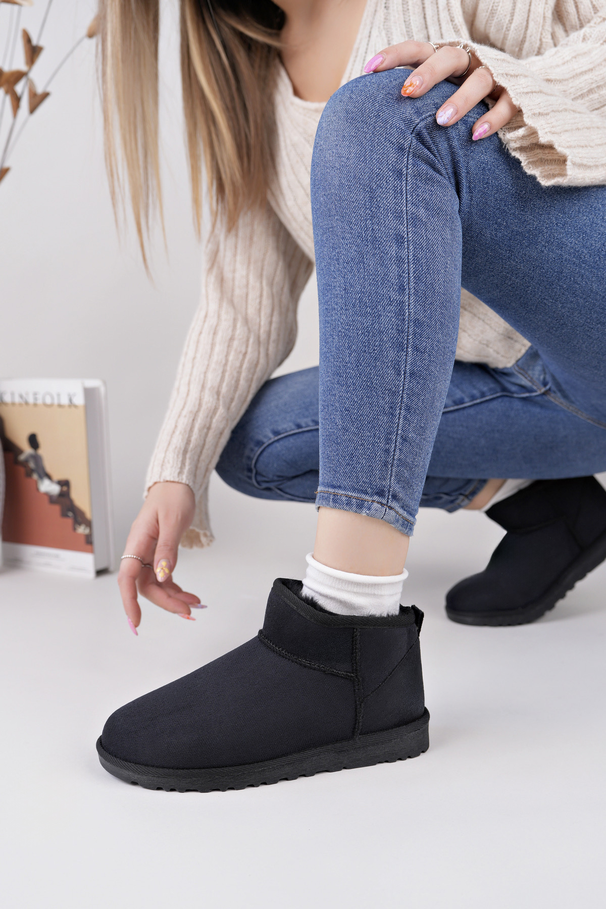 Kadın Garantili İçi Kürklü Hafif Taban Mini Bot Uggm301 Siyah - Görsel 6