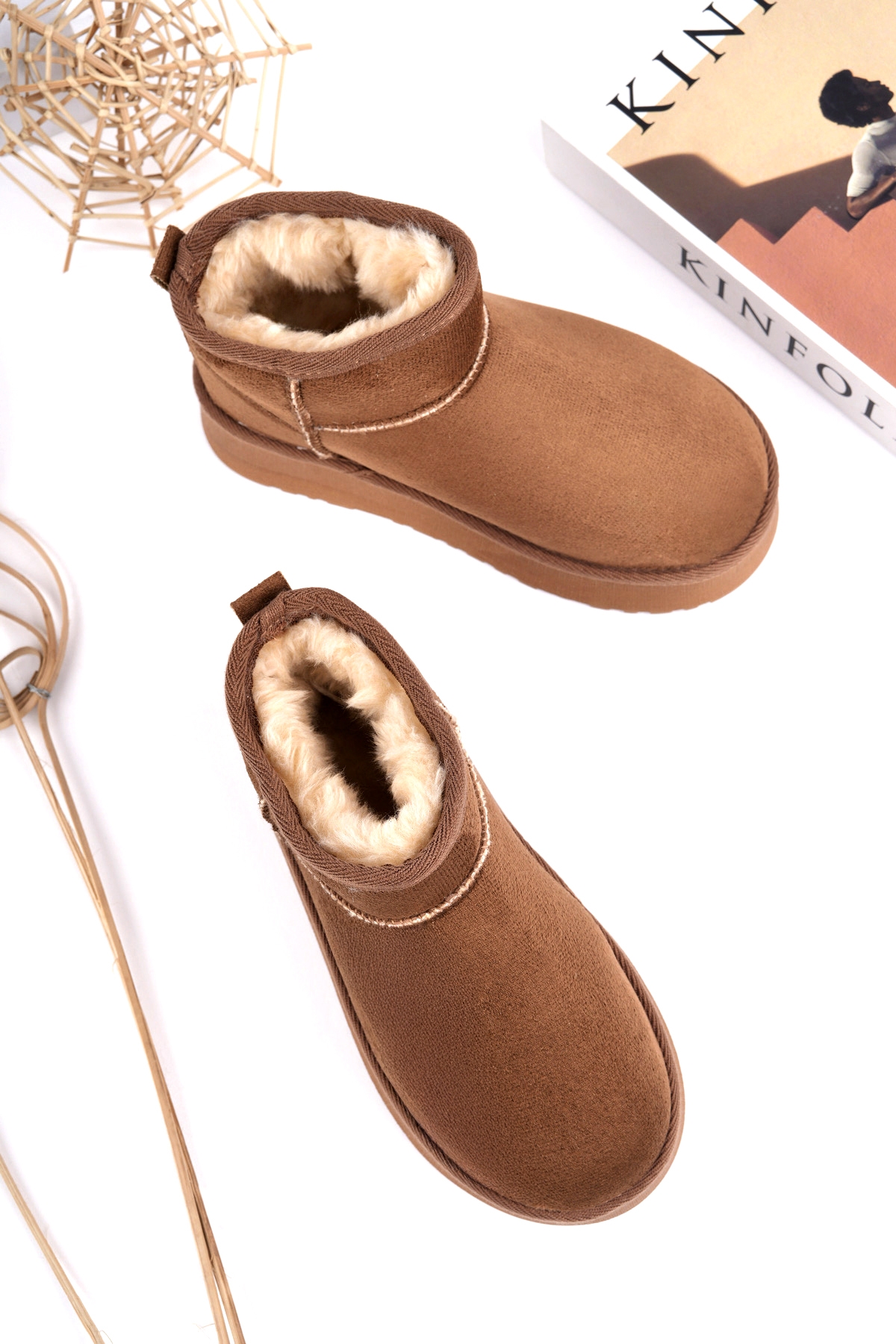 Kadın Garantili İçi Kürklü Hafif Taban Mini Bot Uggm.302 Taba - Görsel 3