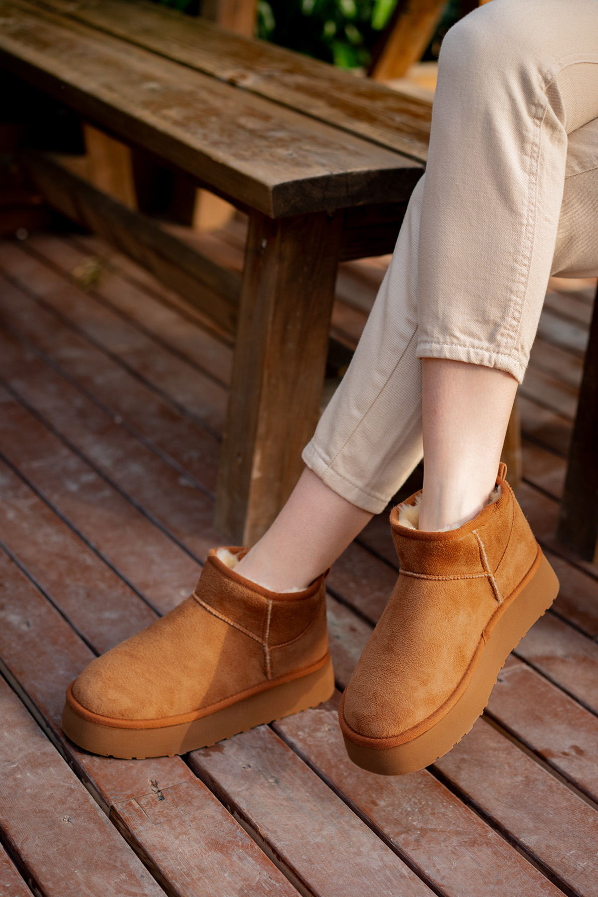 Kadın Garantili İçi Kürklü Hafif Taban Mini Bot Uggm.302 Taba - Görsel 4