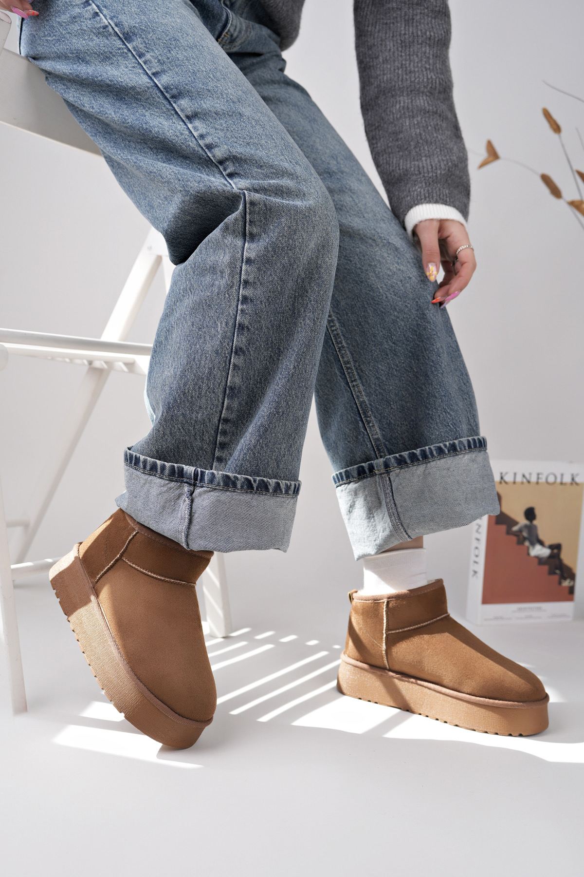 Kadın Garantili İçi Kürklü Hafif Taban Mini Bot Uggm.302 Taba - Görsel 6