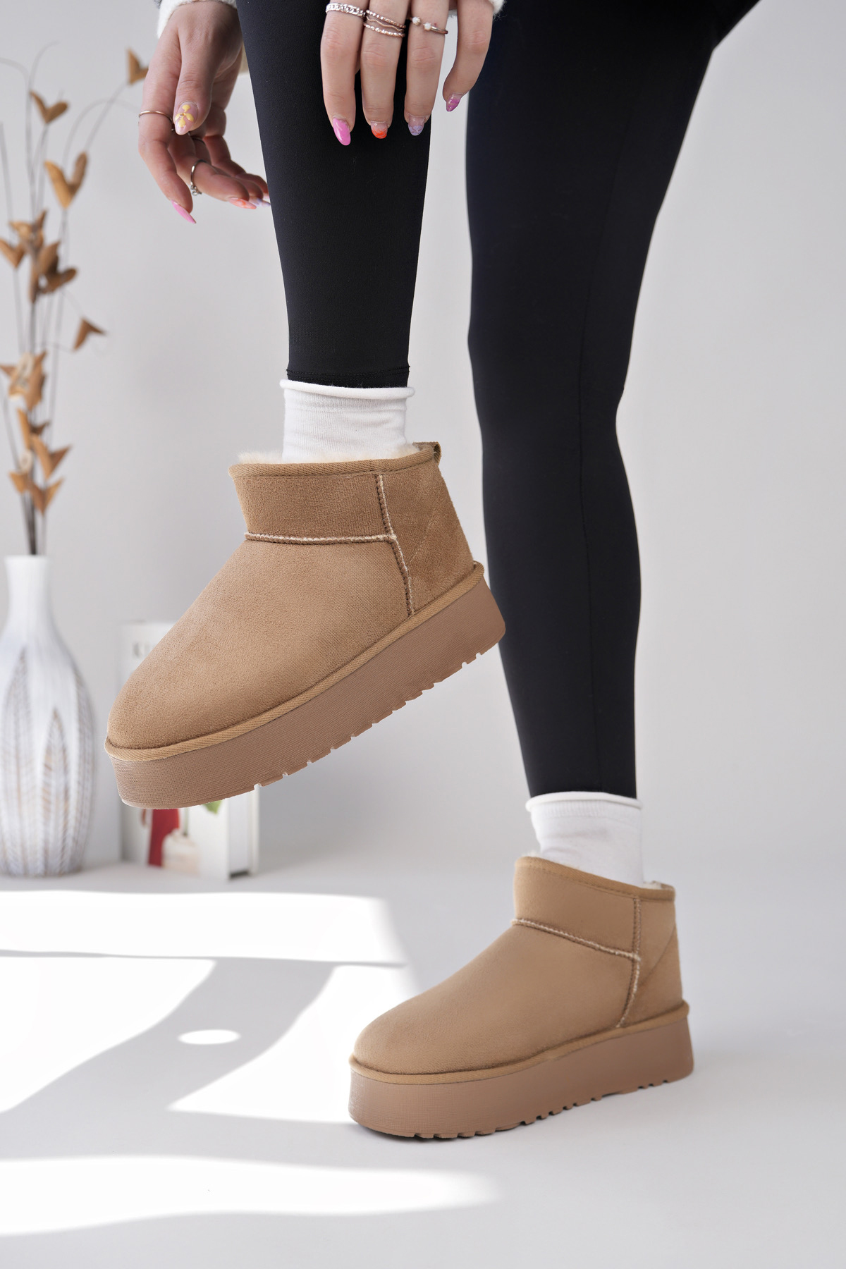 Kadın Garantili İçi Kürklü Hafif Taban Mini Bot Uggm.302 Vizon - Görsel 3