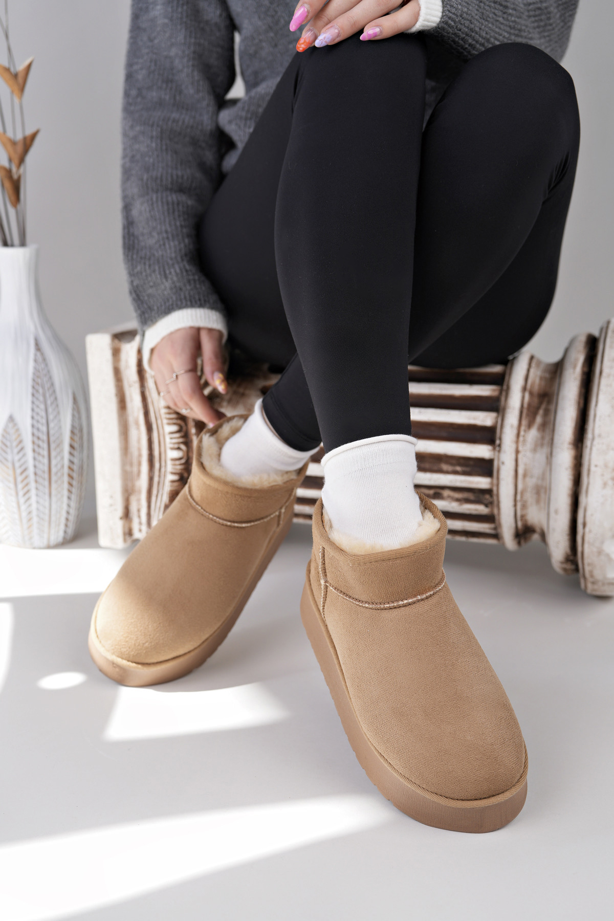 Kadın Garantili İçi Kürklü Hafif Taban Mini Bot Uggm.302 Vizon - Görsel 7