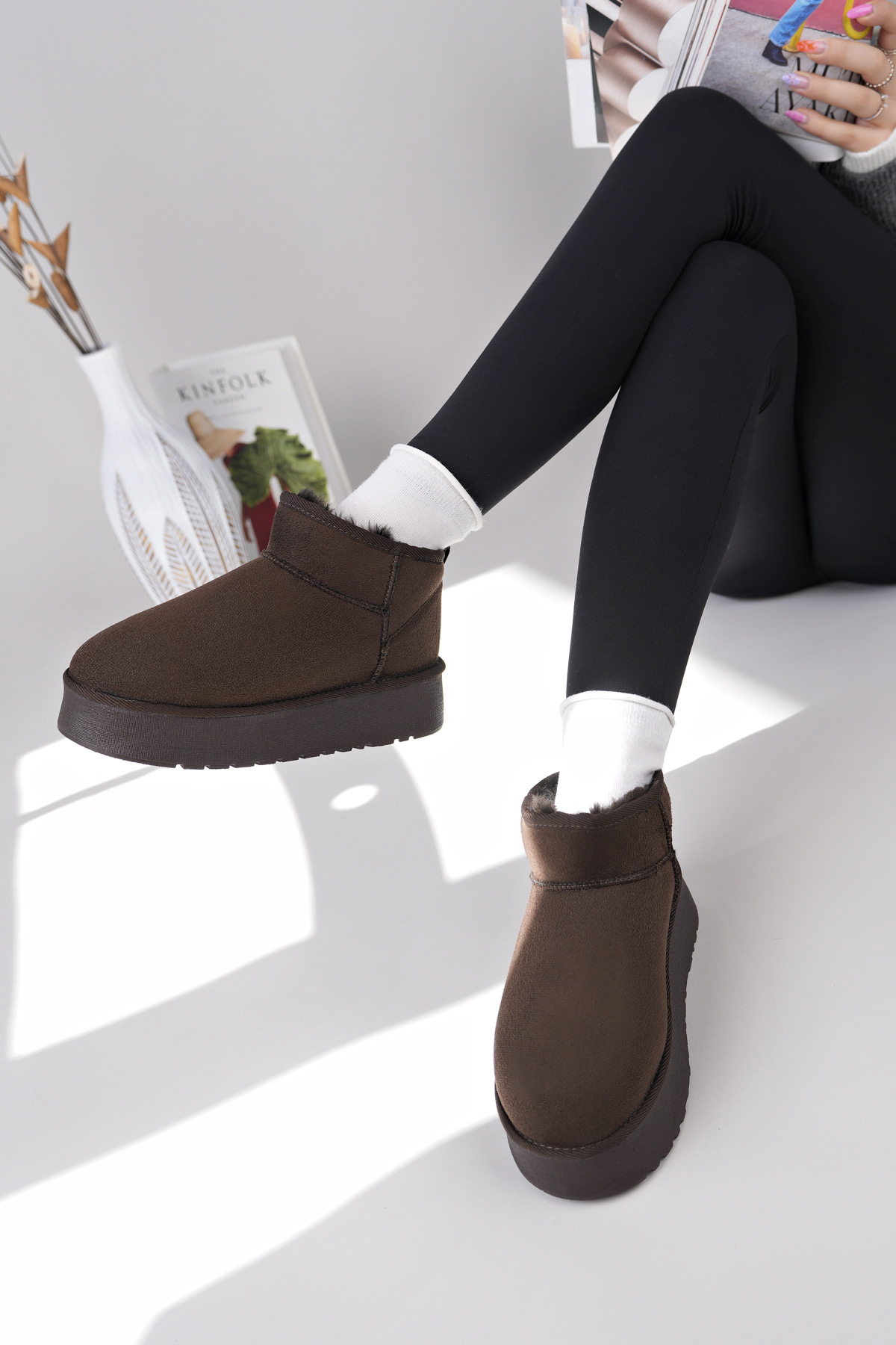 Kadın Garantili İçi Kürklü Hafif Taban Mini Bot Uggm.302 Kahve - Görsel 5