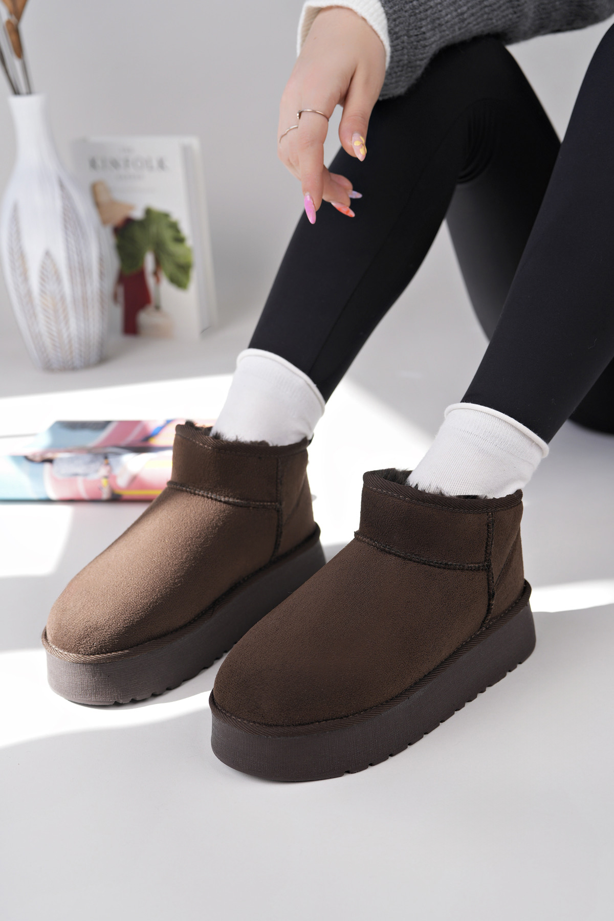 Kadın Garantili İçi Kürklü Hafif Taban Mini Bot Uggm.302 Kahve - Görsel 7