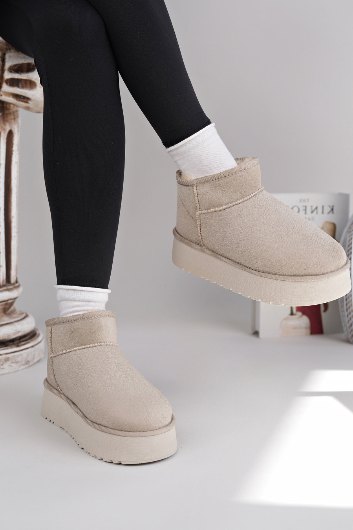 Kadın Garantili İçi Kürklü Hafif Taban Mini Bot Uggm.302 Bej - Görsel 5