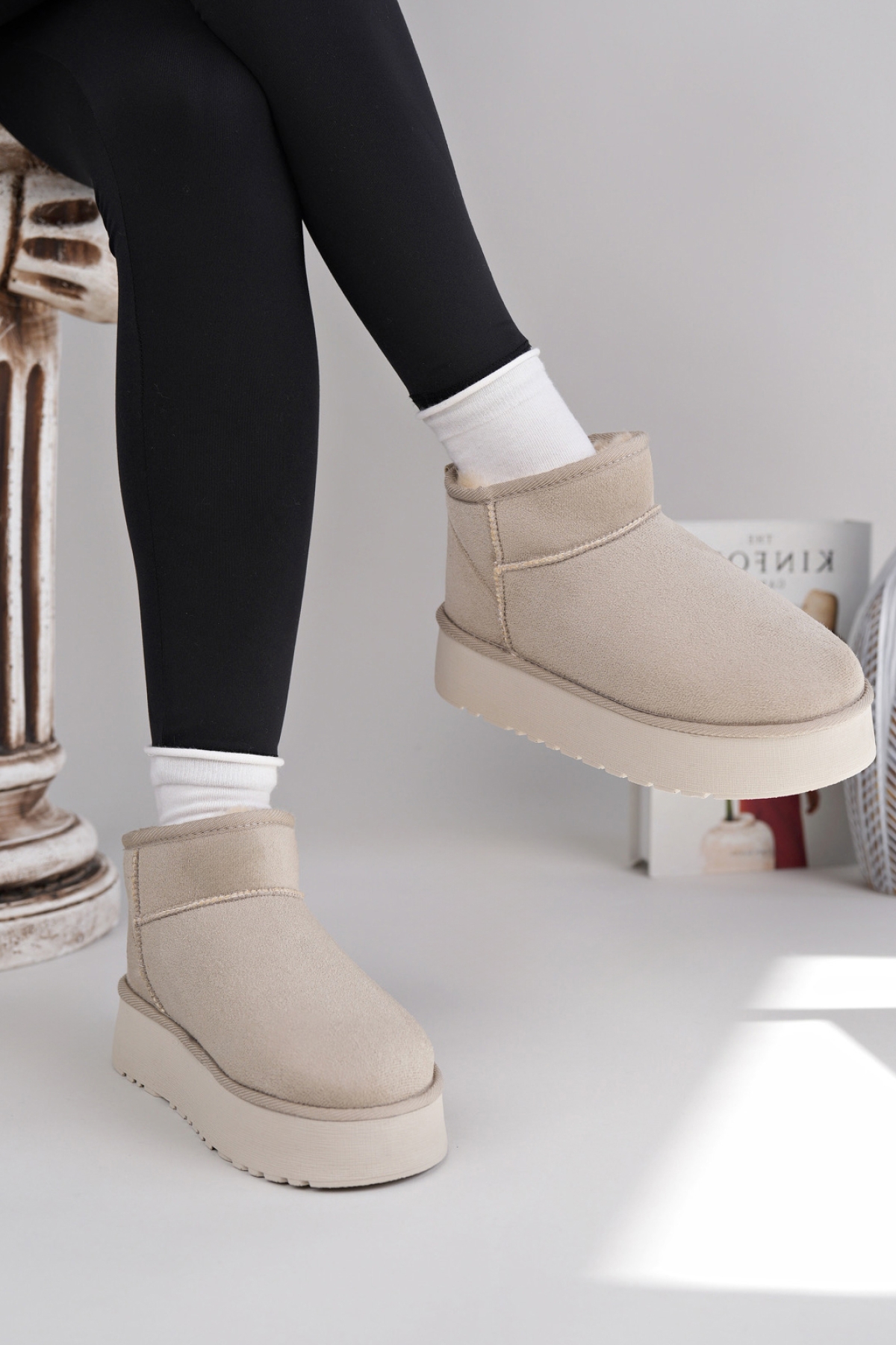 Kadın Garantili İçi Kürklü Hafif Taban Mini Bot Uggm.302 Bej - Görsel 8