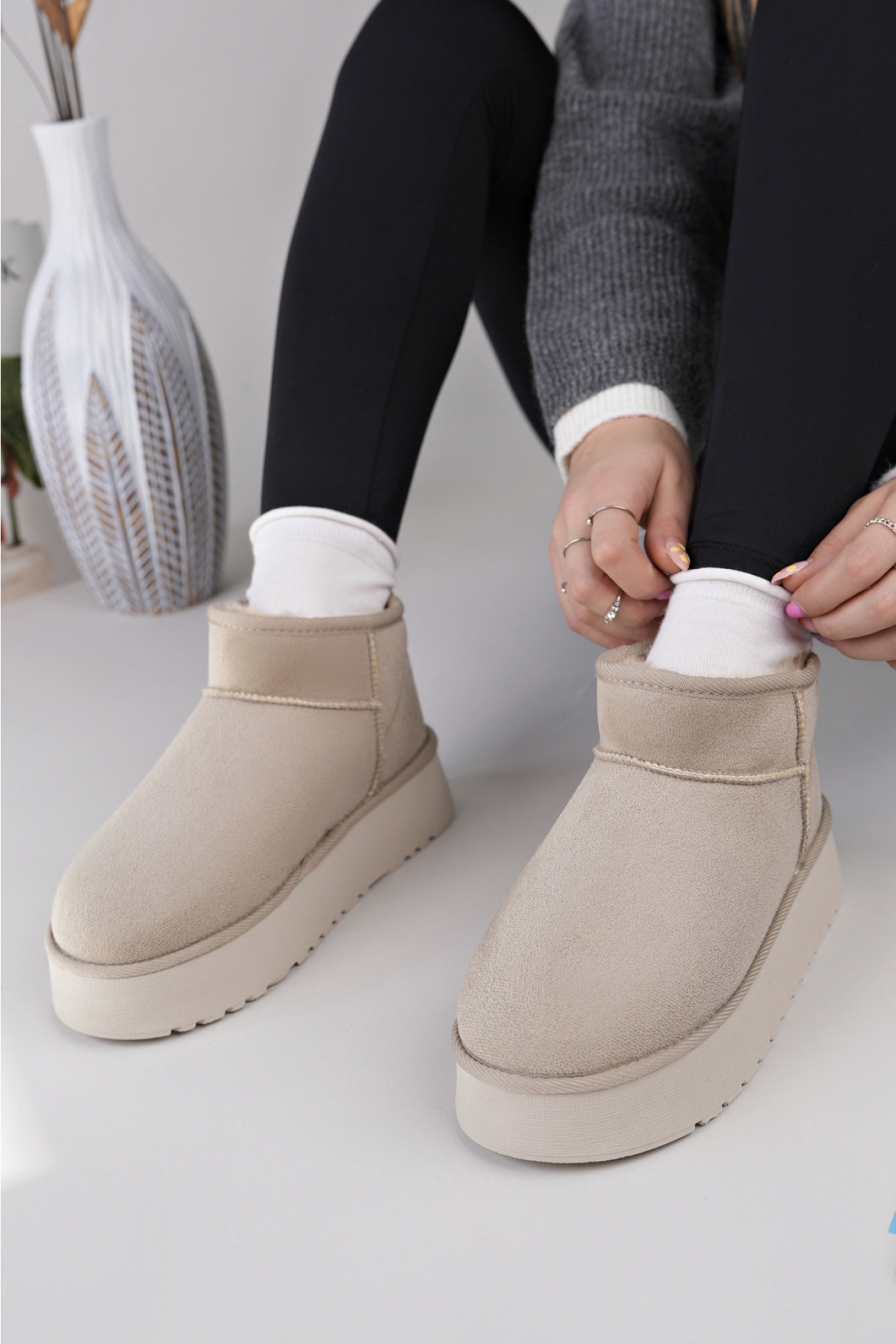 Kadın Garantili İçi Kürklü Hafif Taban Mini Bot Uggm.302 Bej - Görsel 9