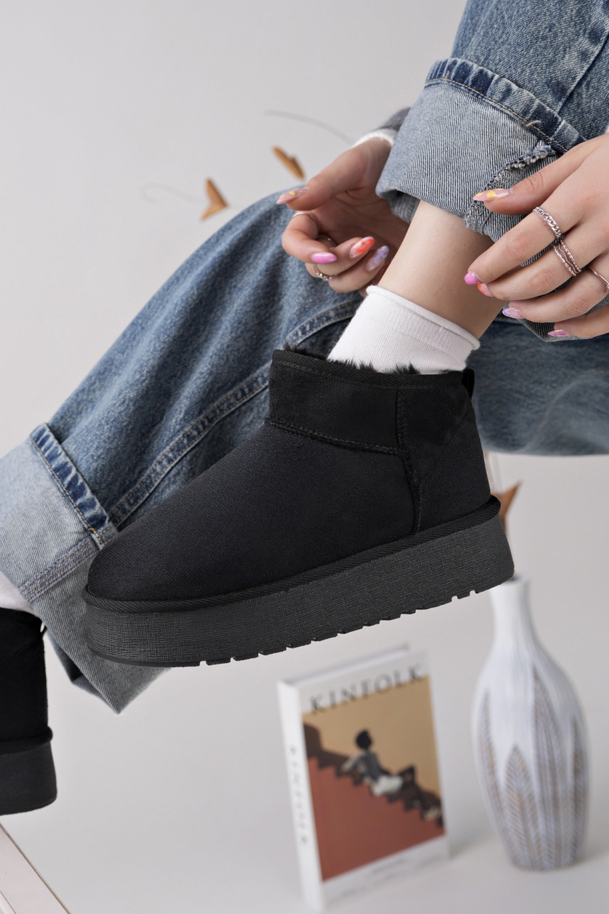 Kadın Garantili İçi Kürklü Hafif Taban Mini Bot Uggm.302 Siyah - Görsel 5