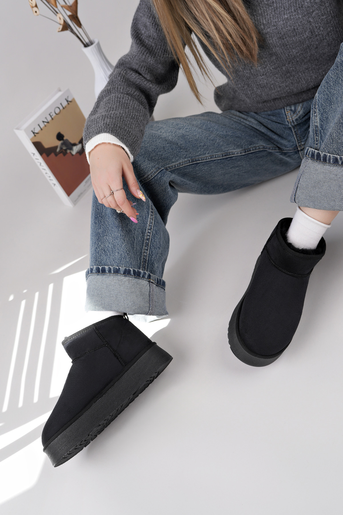 Kadın Garantili İçi Kürklü Hafif Taban Mini Bot Uggm.302 Siyah - Görsel 7