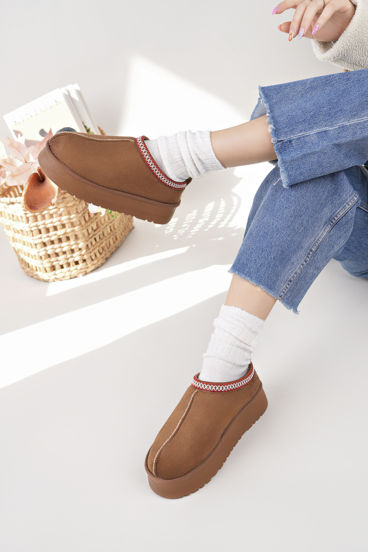 Kadın Garantili İçi Kürklü Hafif Yüksek Taban Mini Sabo Ev Terliği UggSabo.303 Taba - Görsel 6