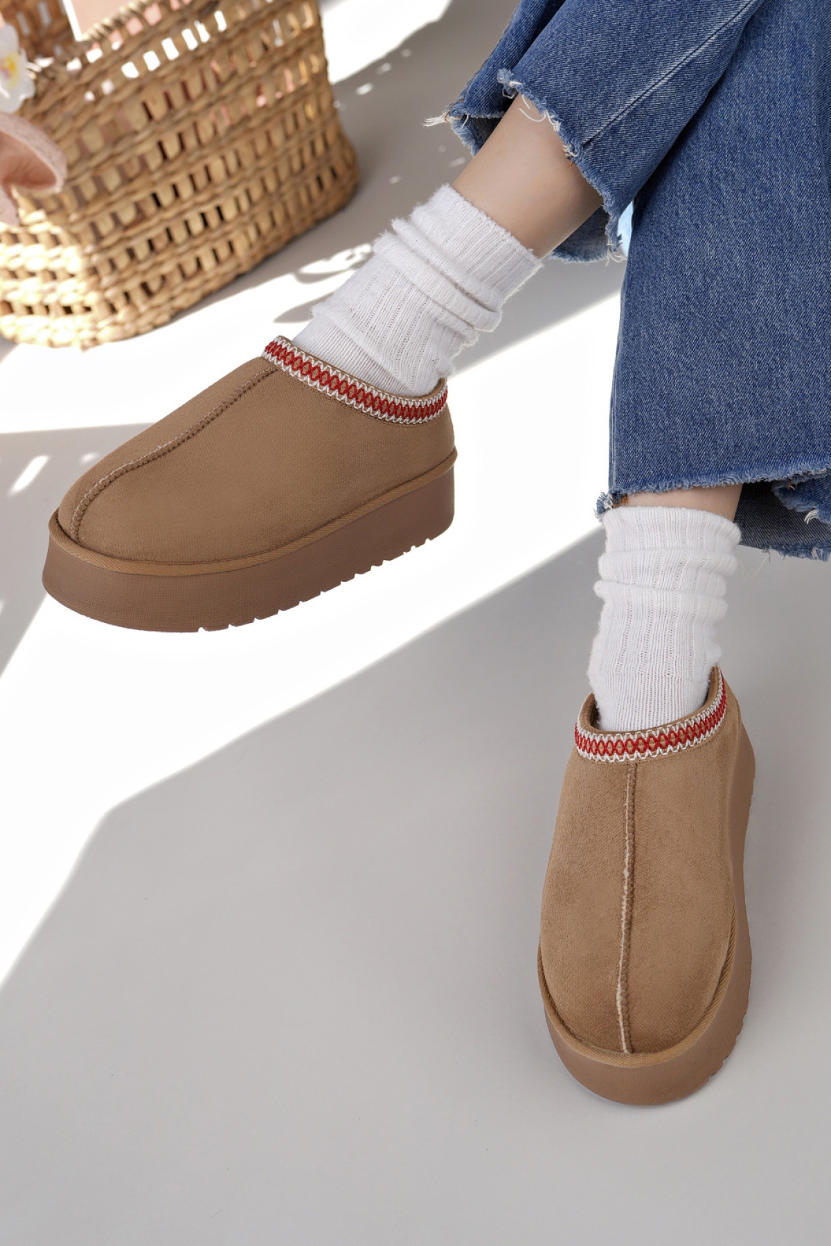 Kadın Garantili İçi Kürklü Hafif Yüksek Taban Mini Sabo Ev Terliği UggSabo.303 Vizon - Görsel 3