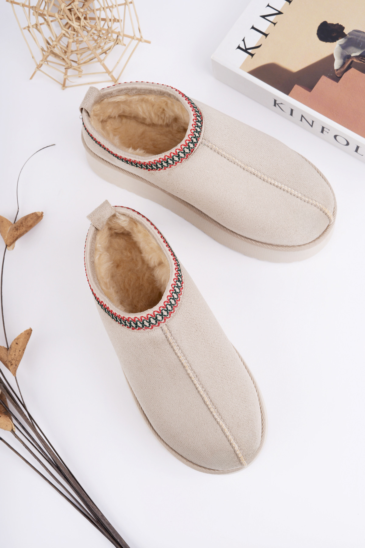 Kadın Garantili İçi Kürklü Hafif Yüksek Taban Mini Sabo Ev Terliği UggSabo.303 Bej - Görsel 3