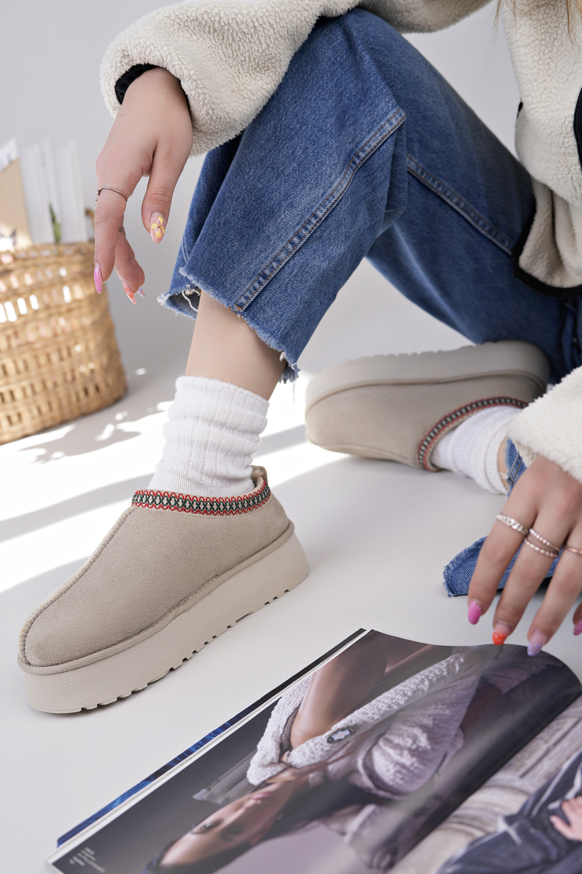 Kadın Garantili İçi Kürklü Hafif Yüksek Taban Mini Sabo Ev Terliği UggSabo.303 Bej - Görsel 4