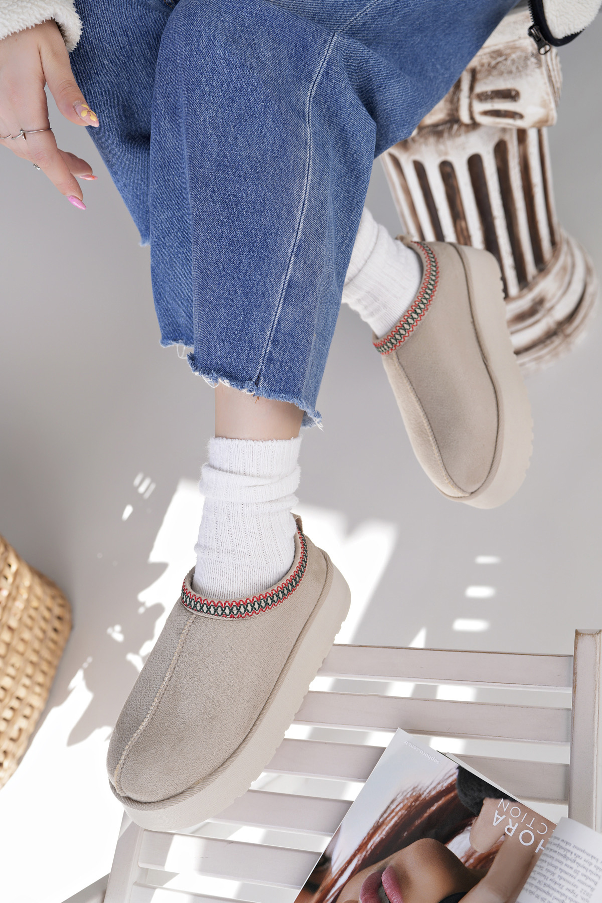 Kadın Garantili İçi Kürklü Hafif Yüksek Taban Mini Sabo Ev Terliği UggSabo.303 Bej - Görsel 8