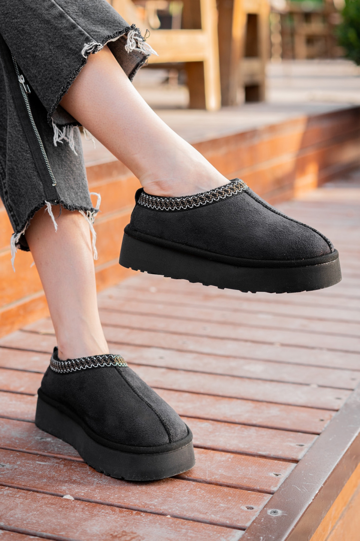 Kadın Garantili İçi Kürklü Hafif Yüksek Taban Mini Sabo Ev Terliği UggSabo.303 Siyah - Görsel 2