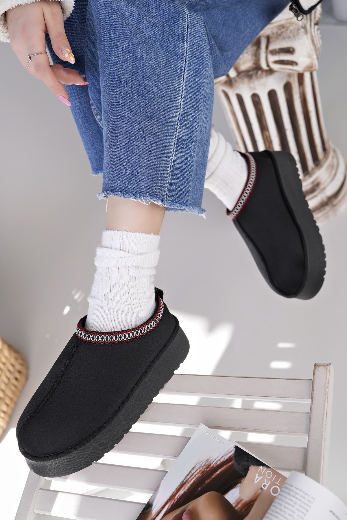 Kadın Garantili İçi Kürklü Hafif Yüksek Taban Mini Sabo Ev Terliği UggSabo.303 Siyah - Görsel 5