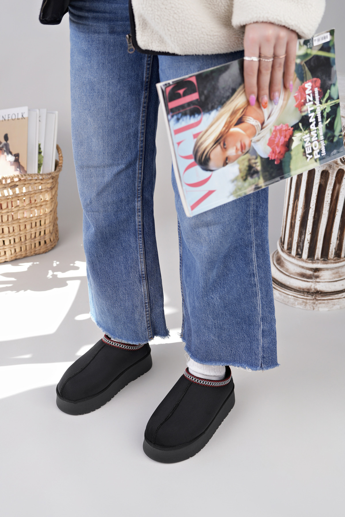 Kadın Garantili İçi Kürklü Hafif Yüksek Taban Mini Sabo Ev Terliği UggSabo.303 Siyah - Görsel 6