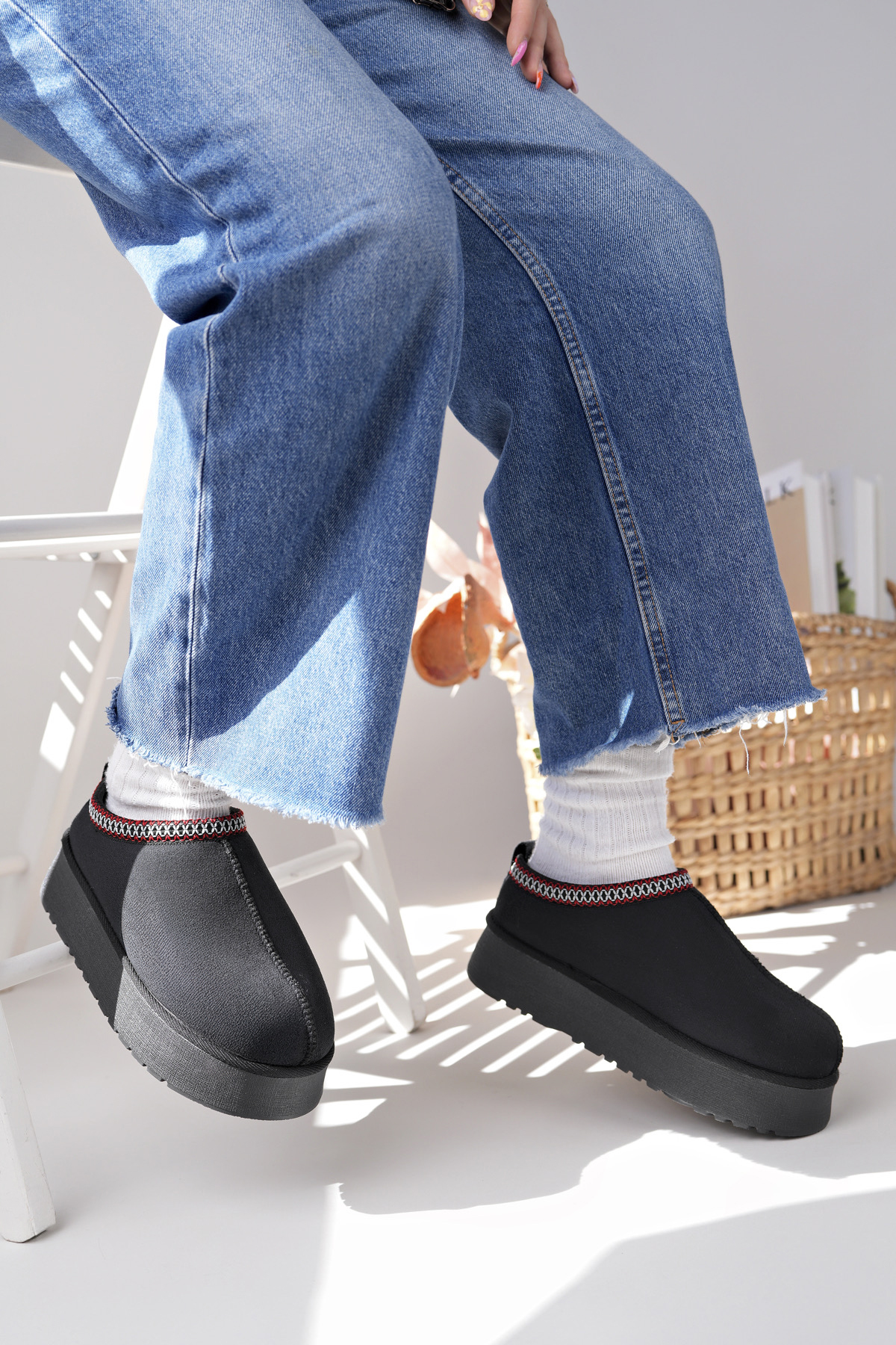 Kadın Garantili İçi Kürklü Hafif Yüksek Taban Mini Sabo Ev Terliği UggSabo.303 Siyah - Görsel 7