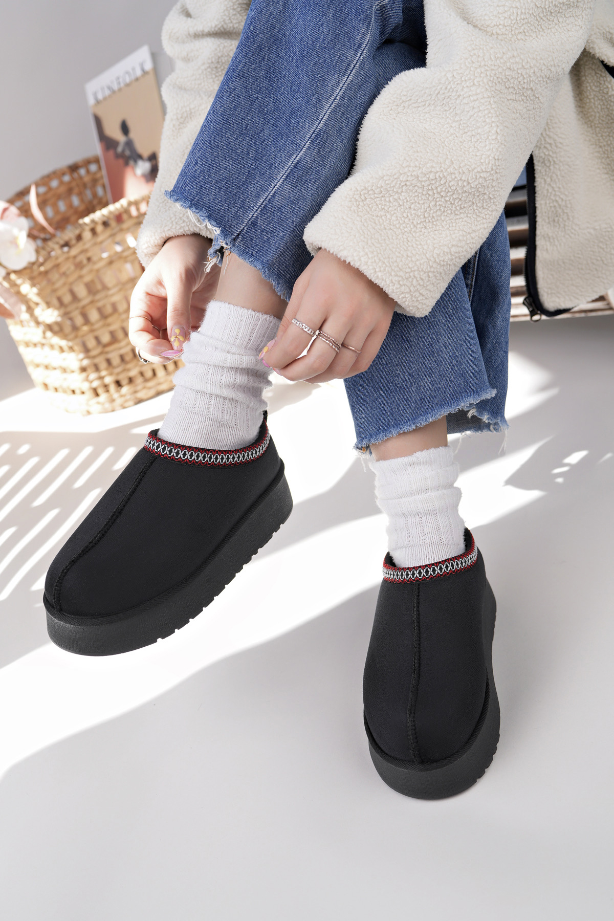 Kadın Garantili İçi Kürklü Hafif Yüksek Taban Mini Sabo Ev Terliği UggSabo.303 Siyah - Görsel 8