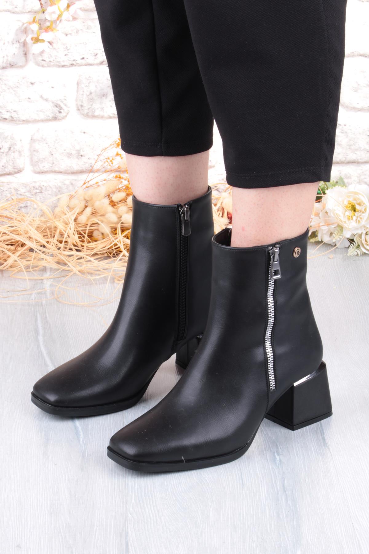 54971 Siyah Cilt Fermuar Detaylı Kalın Topuklu Kadın Bot - Görsel 5